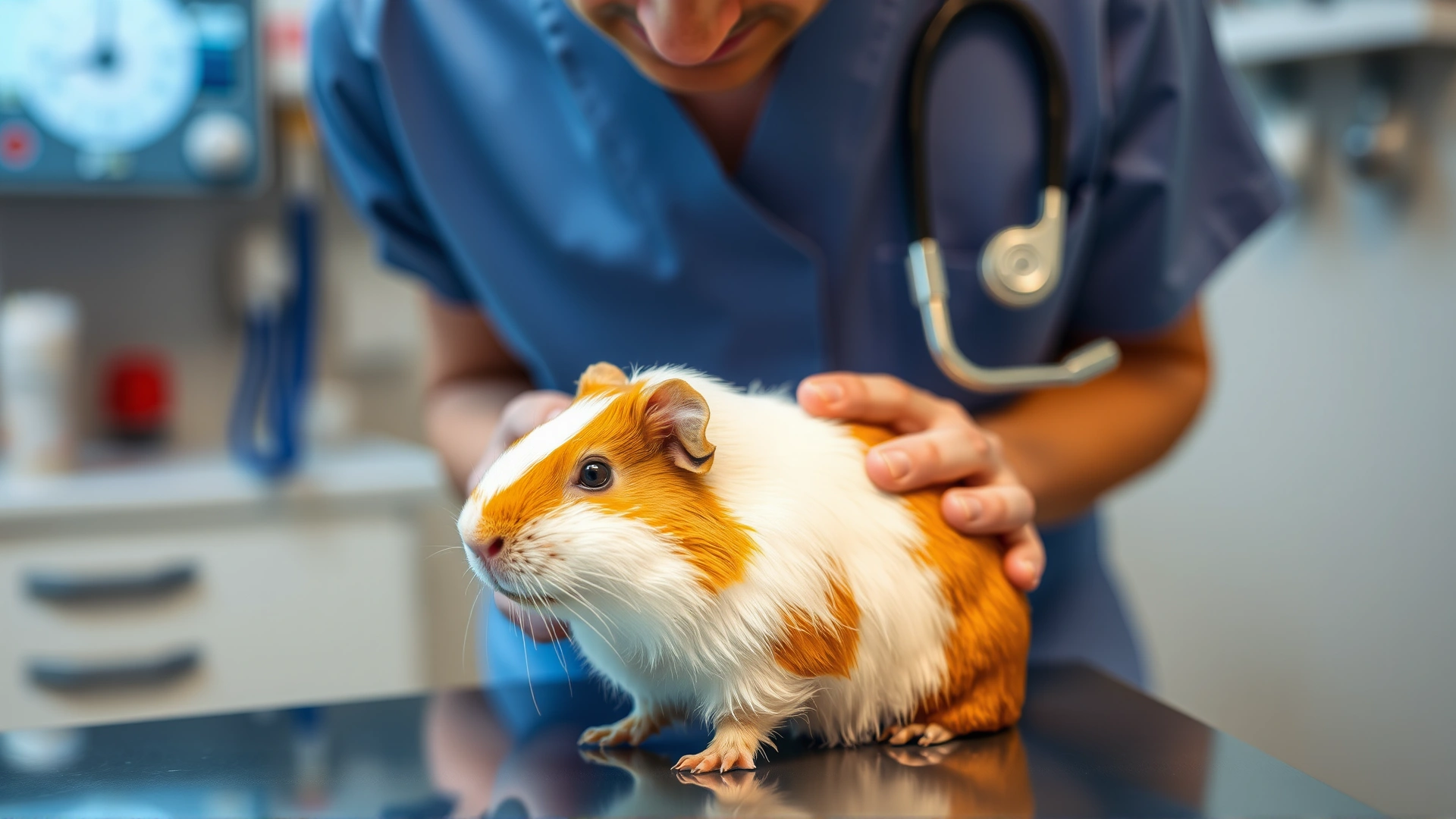 Veterinarian gently examining a guinea pig on an exam table with medical equipment blurred in the background.