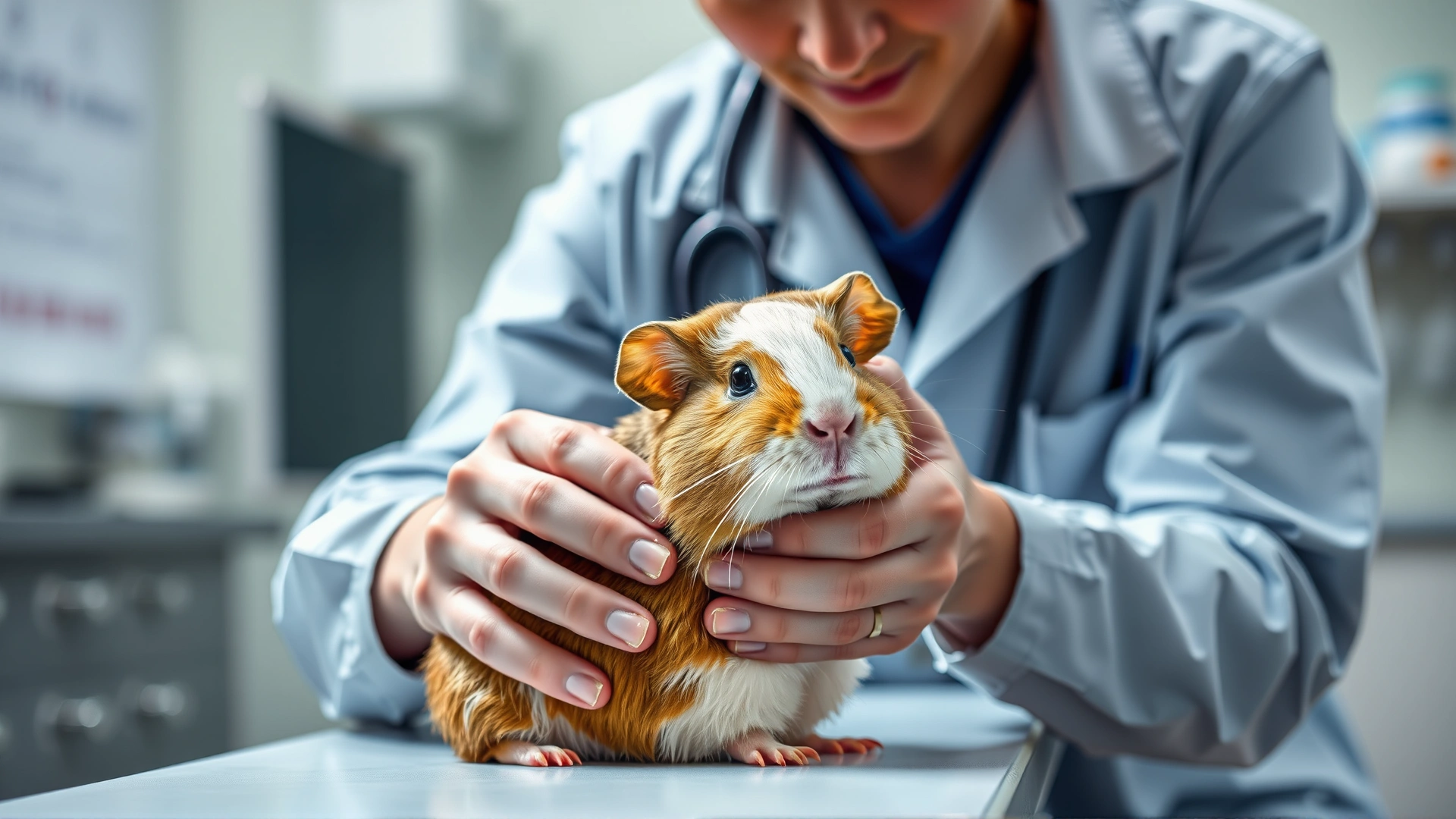 Veterinarian gently examining a guinea pig on a clinic table, professional environment, caring expression, sharp focus