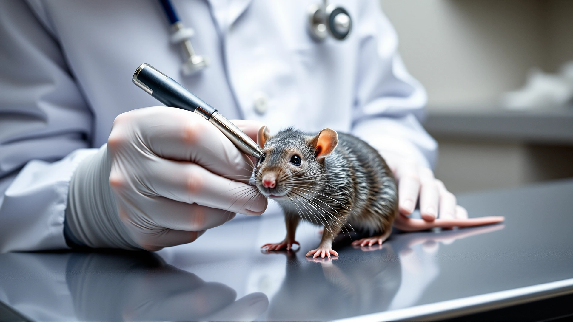 Exotic animal veterinarian gently examining a fancy rat on an exam table, clinical setting