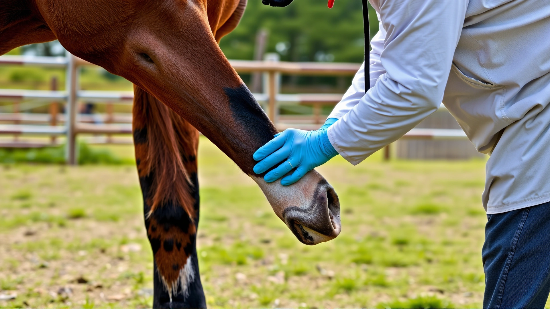 A veterinarian examining an Akhal-Teke horse's leg in an outdoor paddock, representing health care