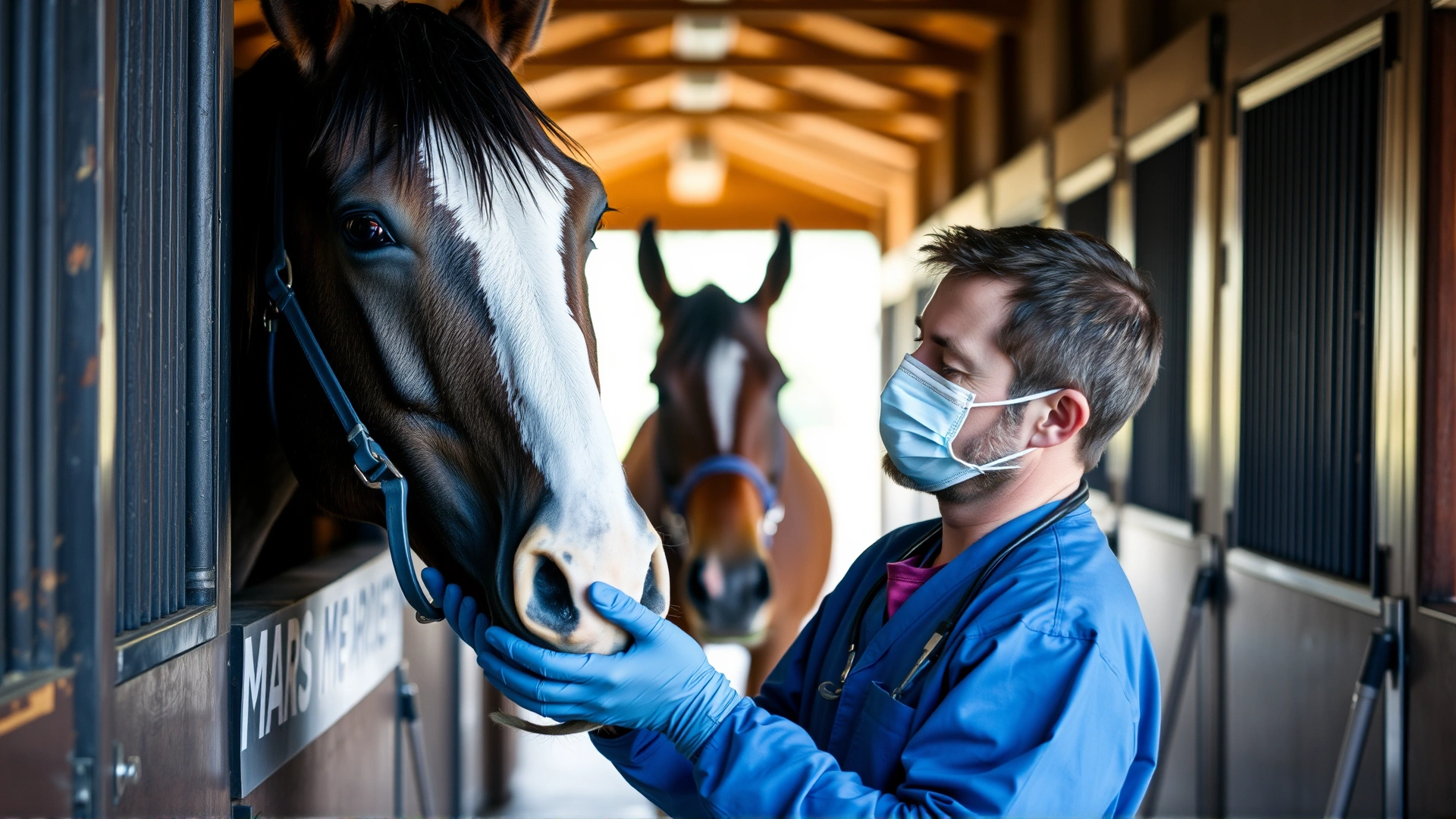 A veterinarian wearing gloves carefully examining a horse's mouth in a barn aisle, calm horse in frame.