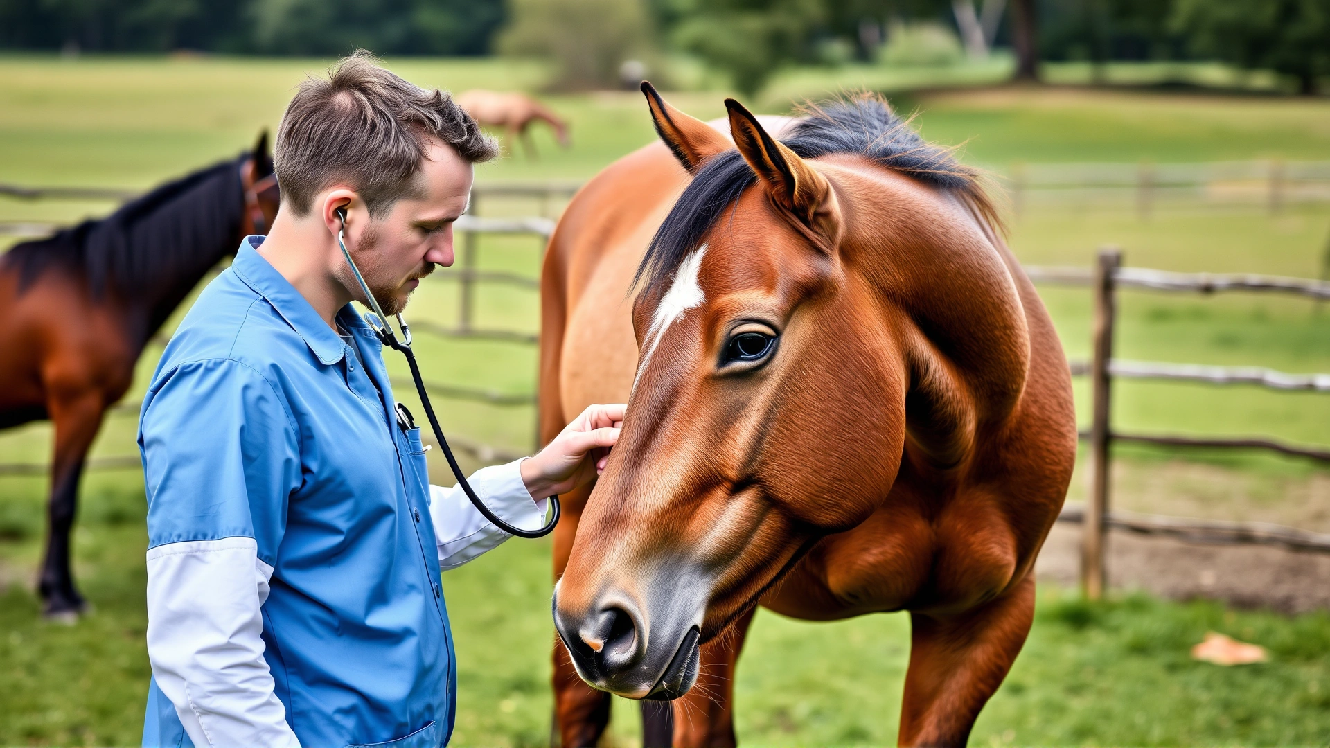 Equine veterinarian examining a horse using a stethoscope in a pasture, showcasing routine health care.