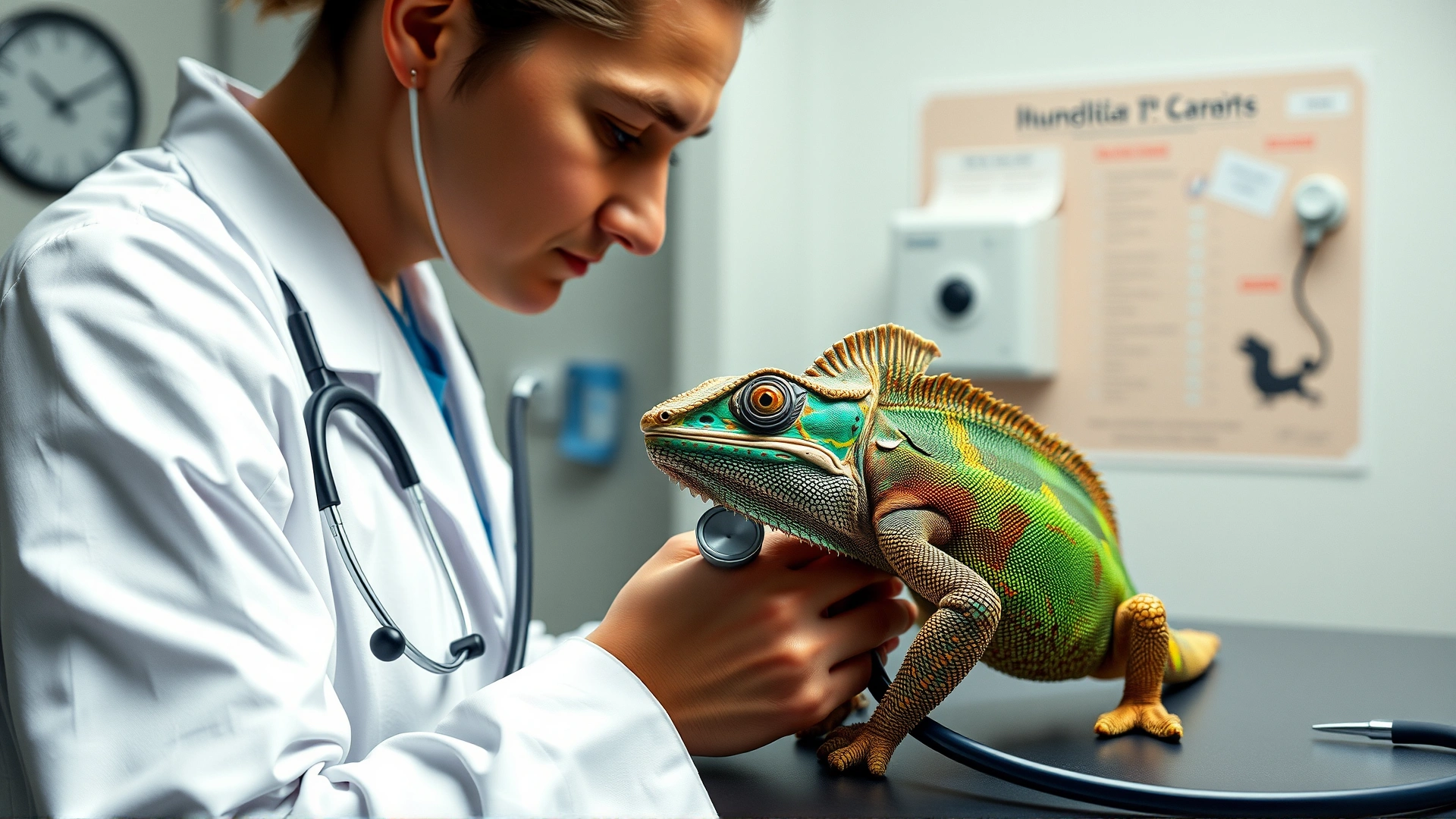 Veterinarian in a clinical setting gently examining a chameleon with stethoscope on table, no text