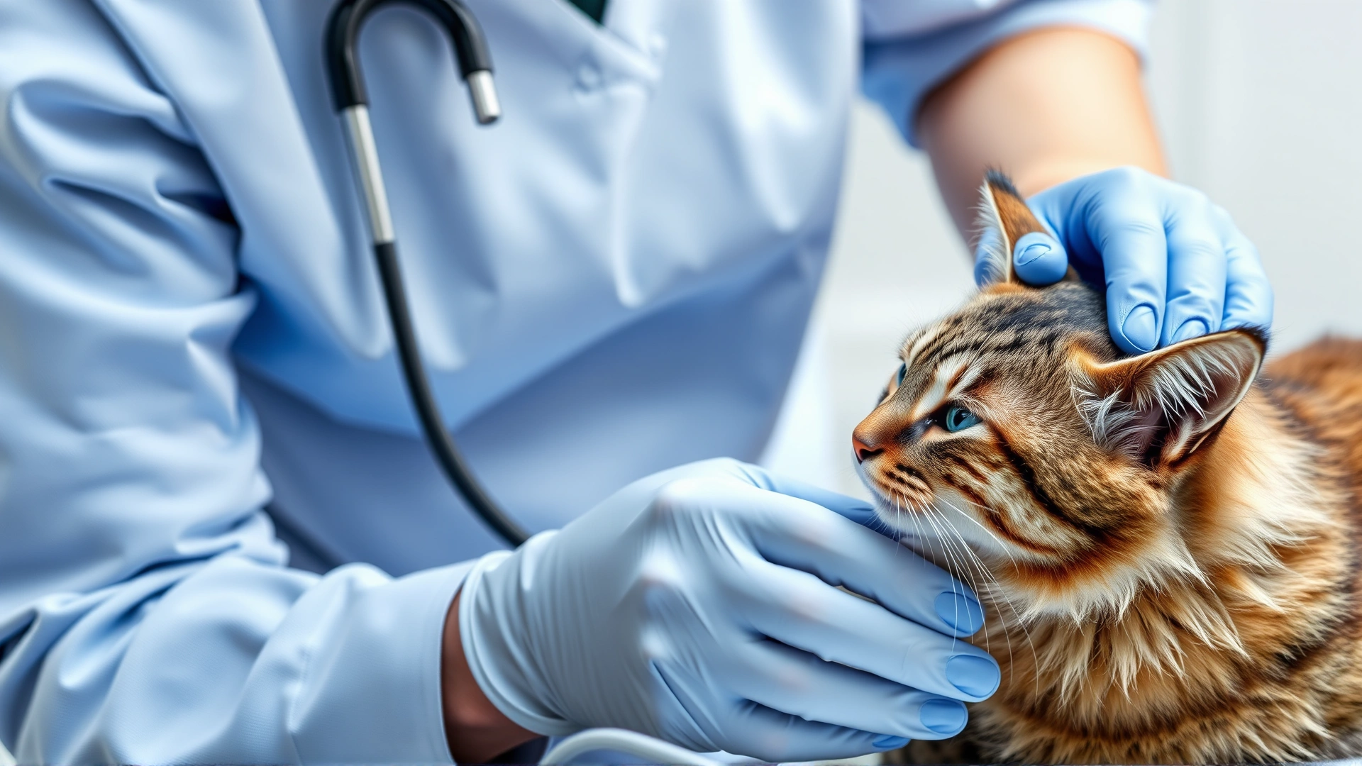 Close-up of a veterinarian gently examining a tabby cat on an examination table, stethoscope visible, clinical setting with soft lighting.