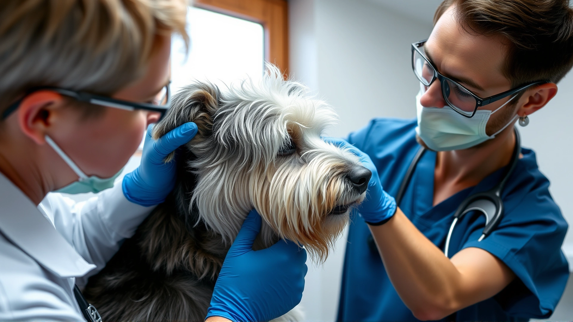Veterinarian examining an Old English Sheepdog's ear in a clean clinic setting, dog looks calm, no text