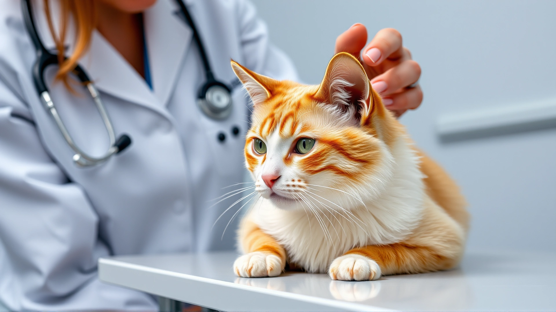 Veterinarian examining a calm Burmilla cat on an exam table, stethoscope visible, clinical setting