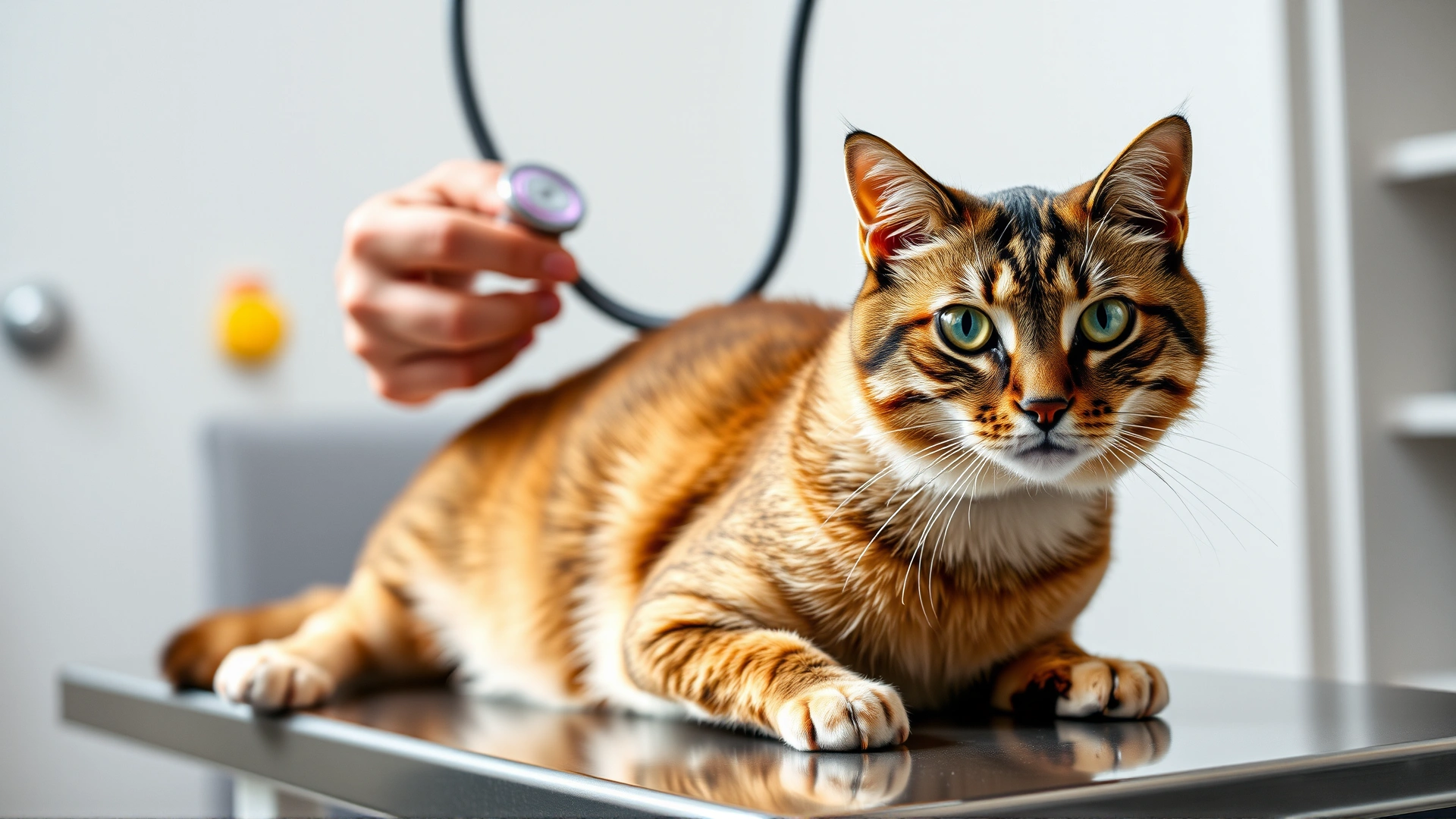 Veterinarian examining a German Rex cat on the clinic table, stethoscope in hand, bright and professional setting.