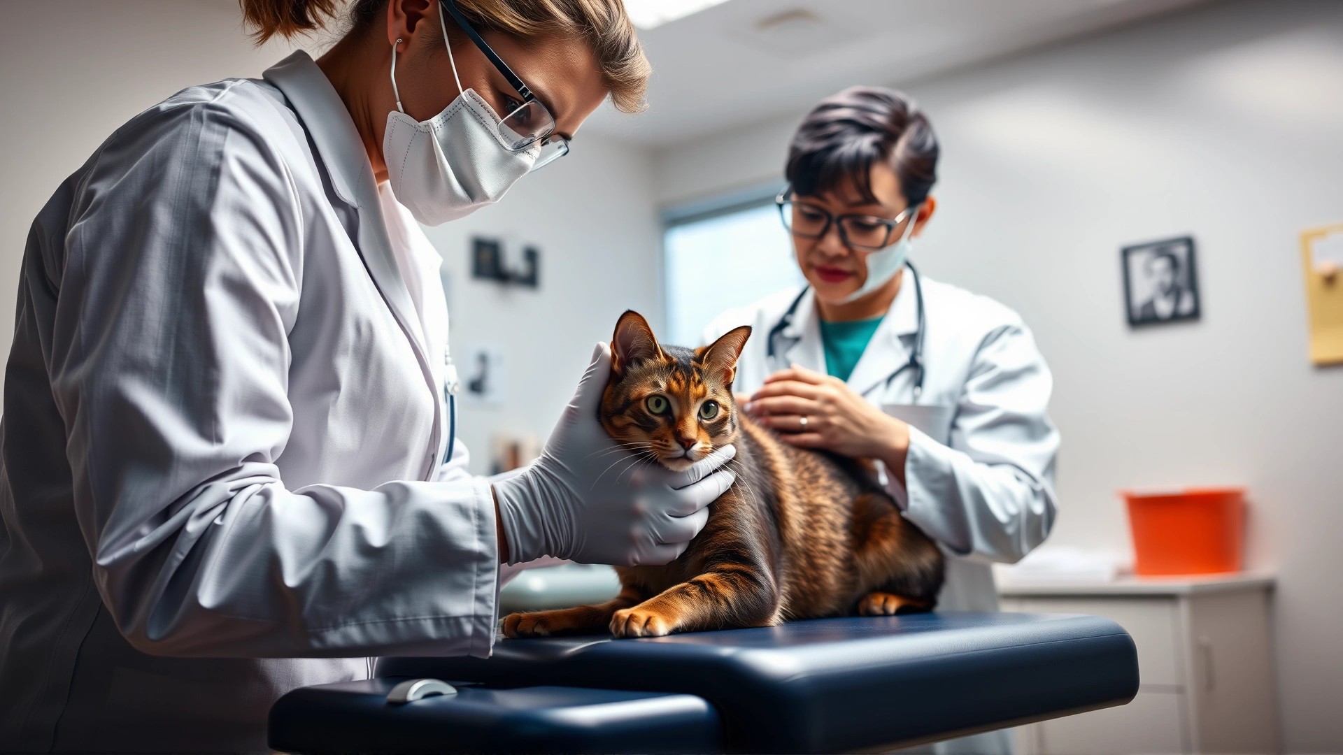 Veterinarian examining a Sokoke Forest cat on an examination table, bright clinic setting.