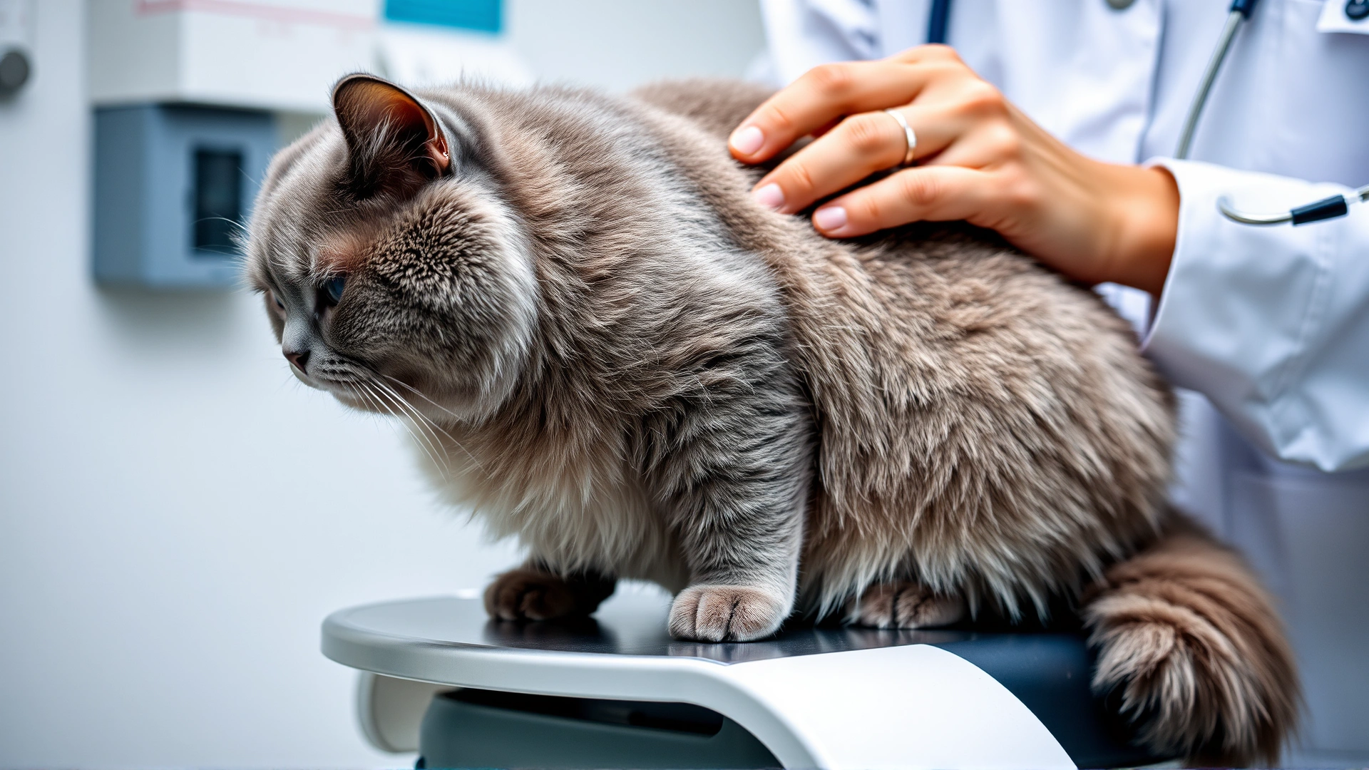 Veterinarian examining a chubby grey cat on an examination table, stethoscope visible, clinical environment