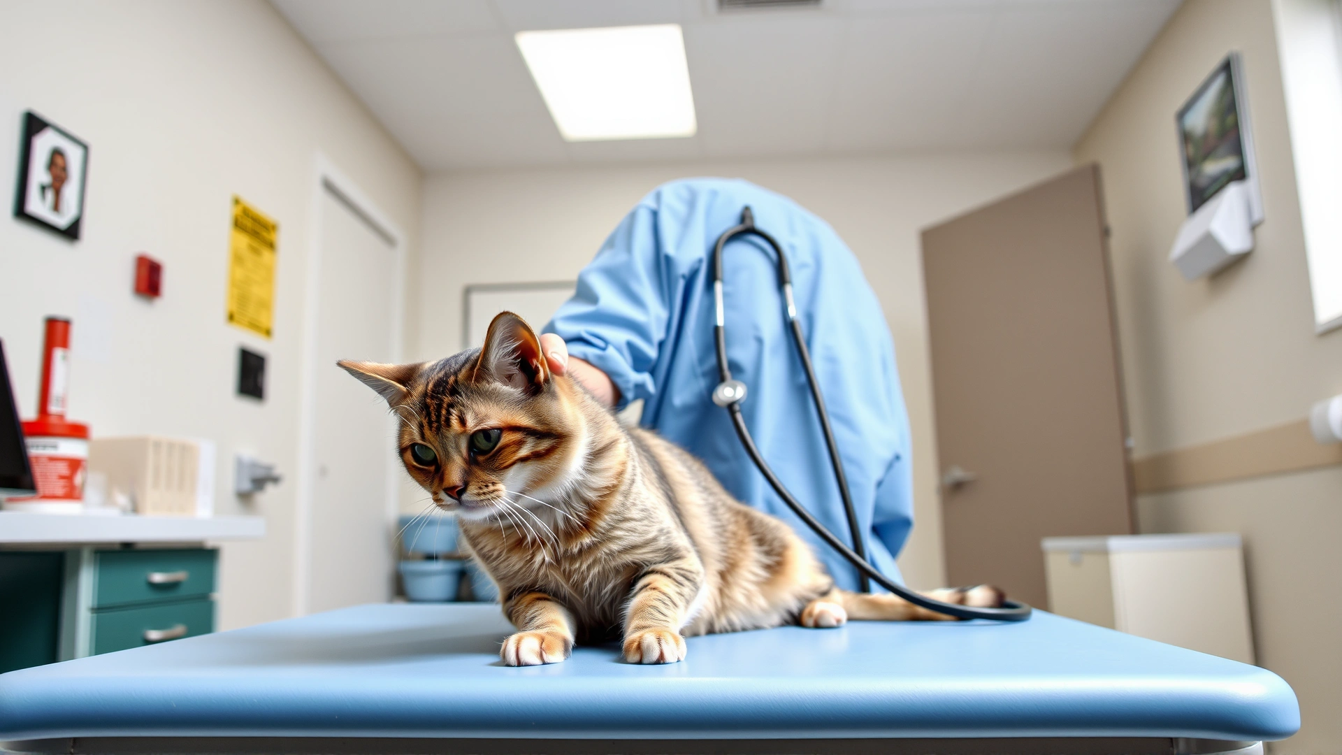 Veterinarian gently examining a cat on an exam table in a bright clinic setting, stethoscope visible, no text.