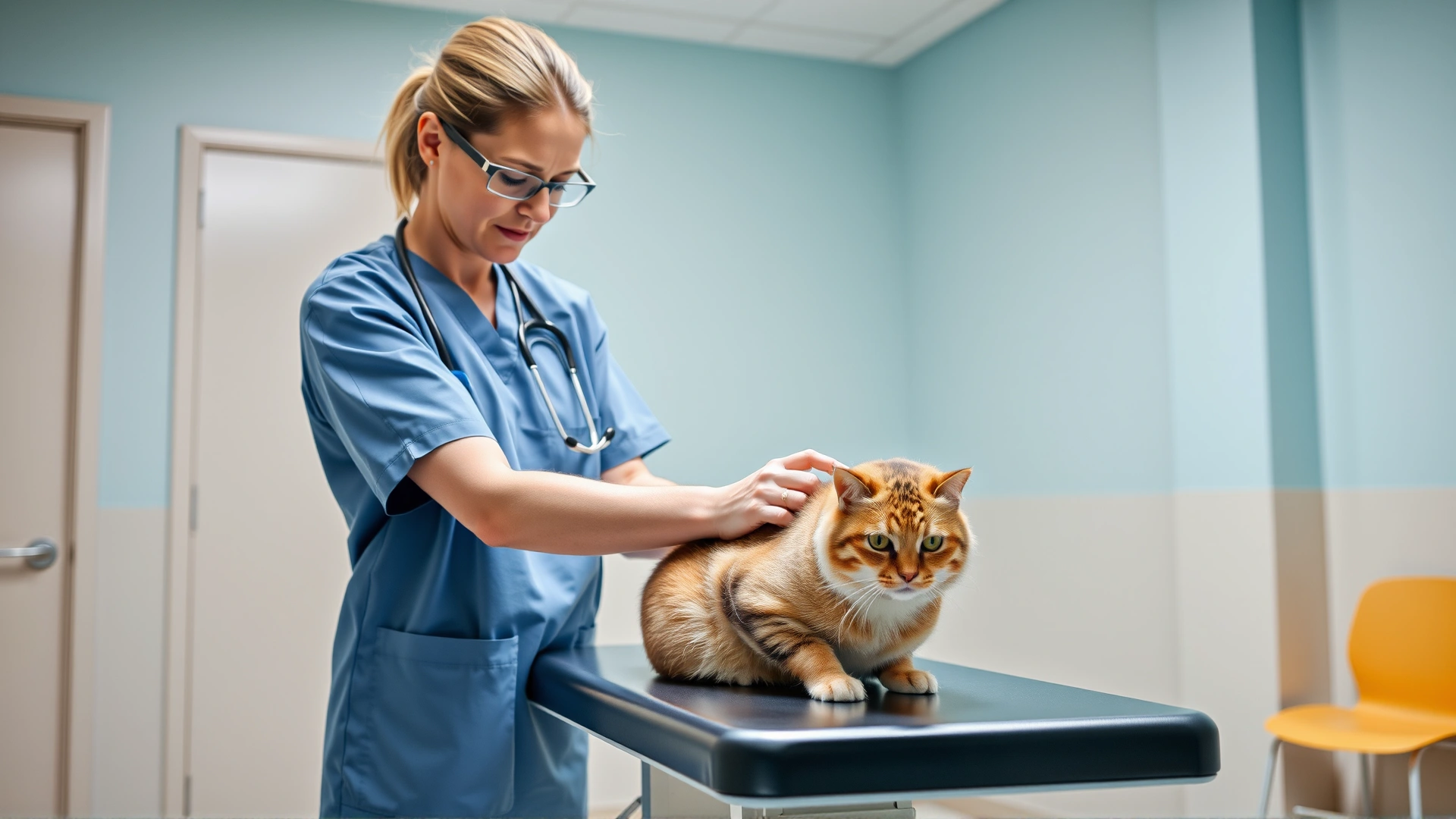Veterinarian wearing scrubs gently examining a cat on an exam table in a bright clinic room.