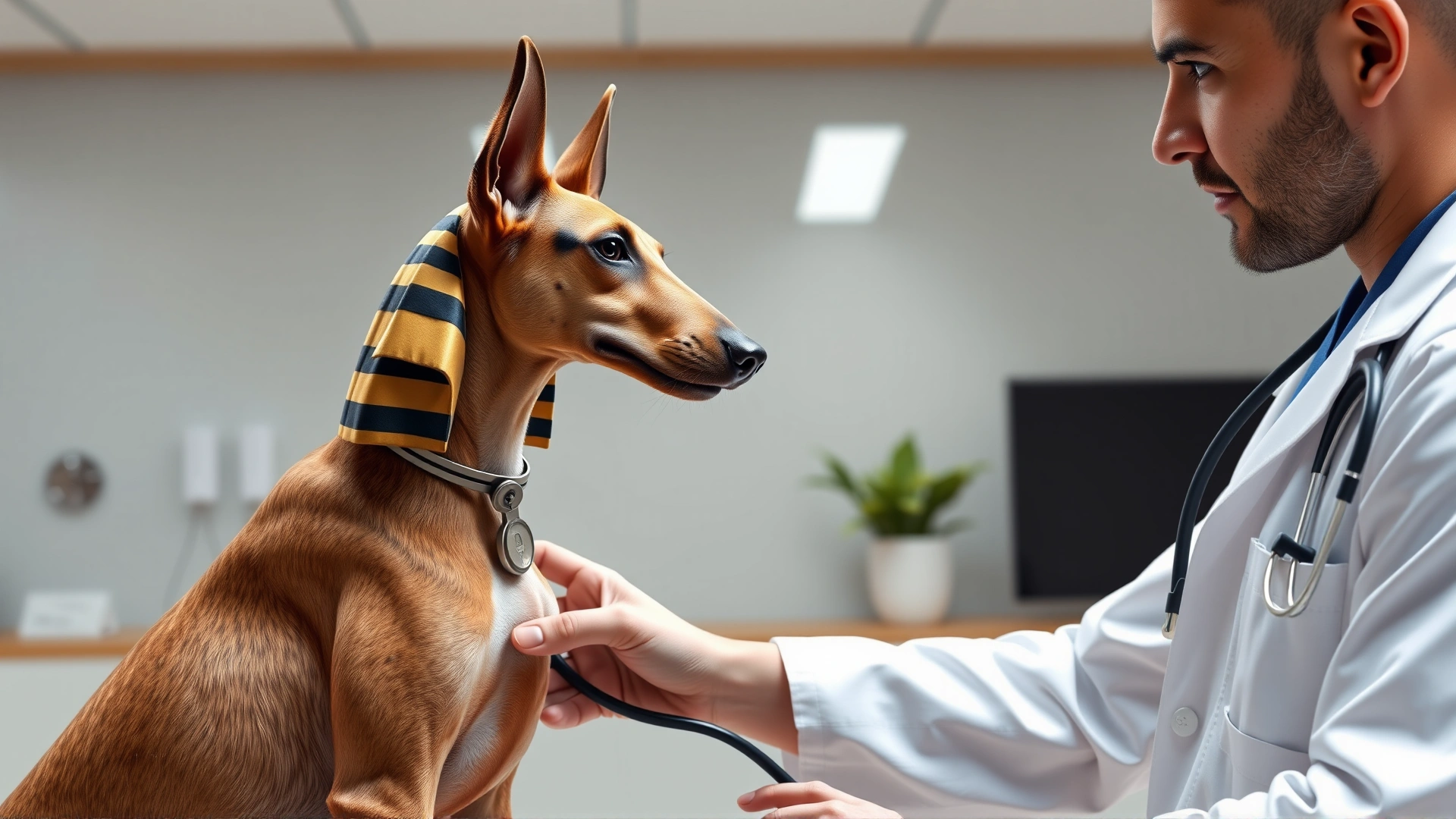 Veterinarian wearing a white coat examining a Pharaoh Hound with a stethoscope in a modern clinic