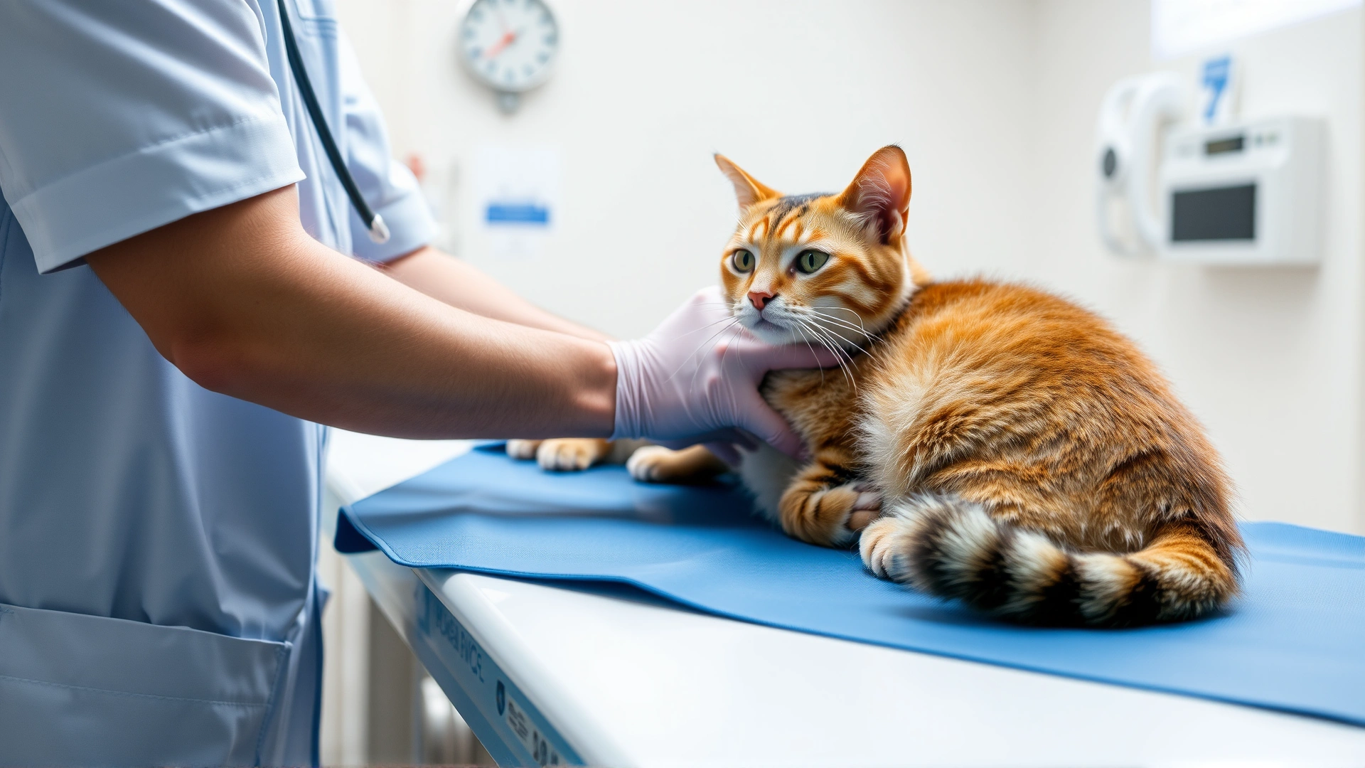A veterinarian gently examining an adult cat on an examination table, both looking calm; clinic setting, bright lighting.