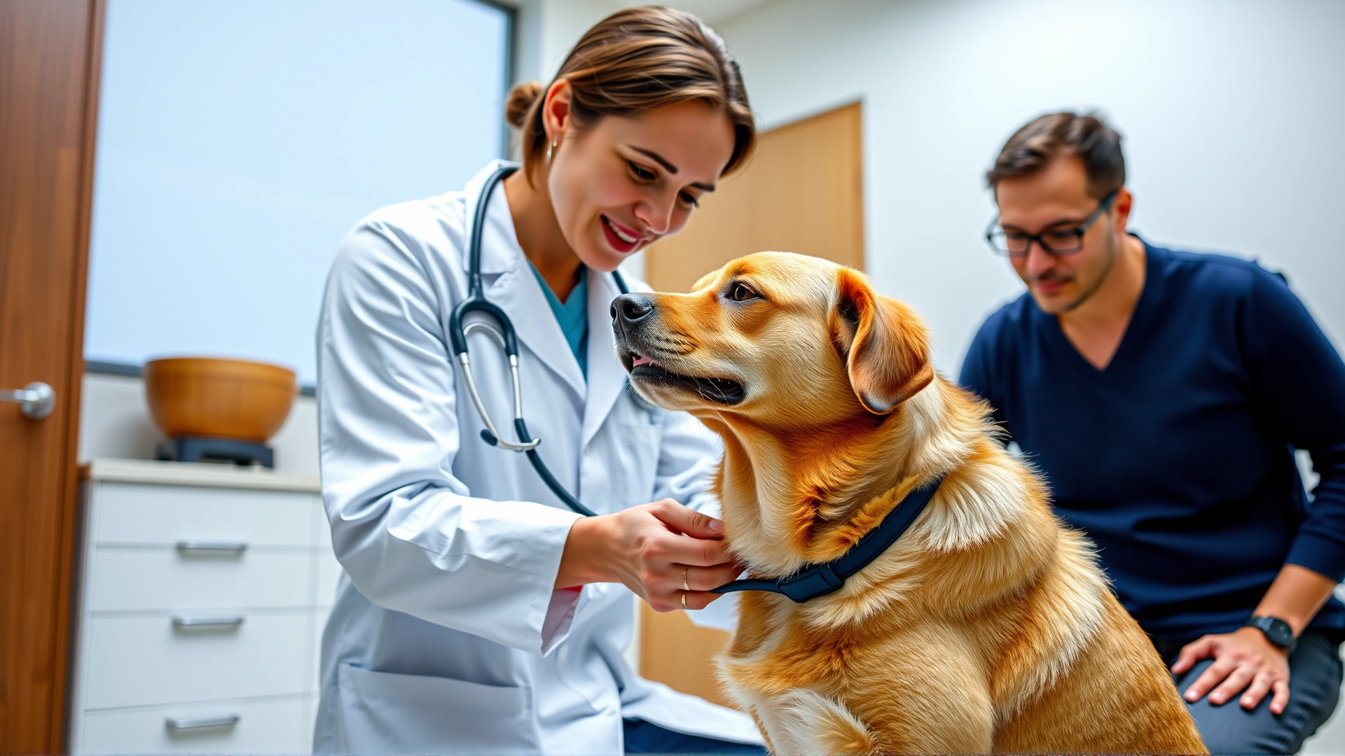 Veterinarian in a white coat examining a medium-sized dog with a stethoscope in a modern clinic while the owner watches.