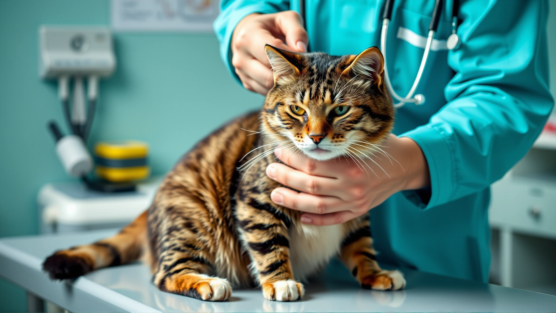Veterinarian in a clinic gently palpating the abdomen of an overweight tabby cat on an exam table, highlighting professional health assessment.