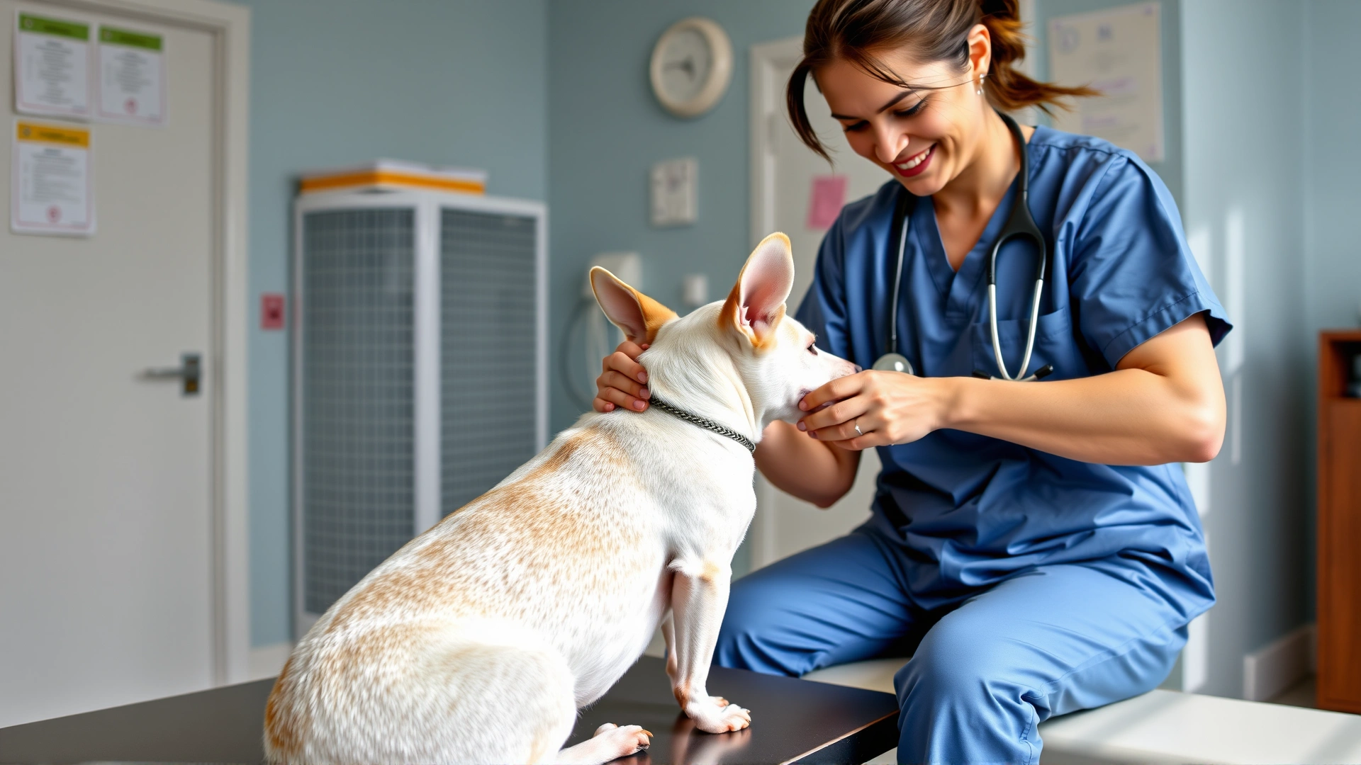Veterinarian in scrubs examining a Smooth Fox Terrier on an examination table in a clean vet clinic, stethoscope visible, friendly atmosphere
