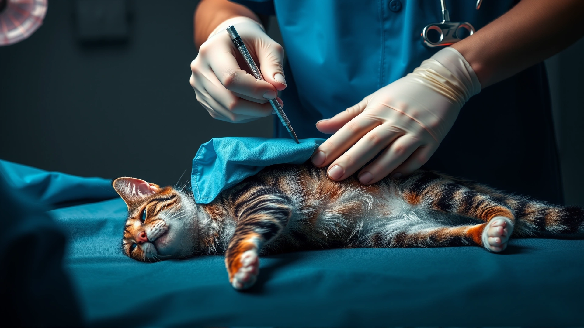Veterinarian in scrubs performing thoracocentesis on a lightly sedated cat on its side; sterile surgical drape and instruments visible, no text.