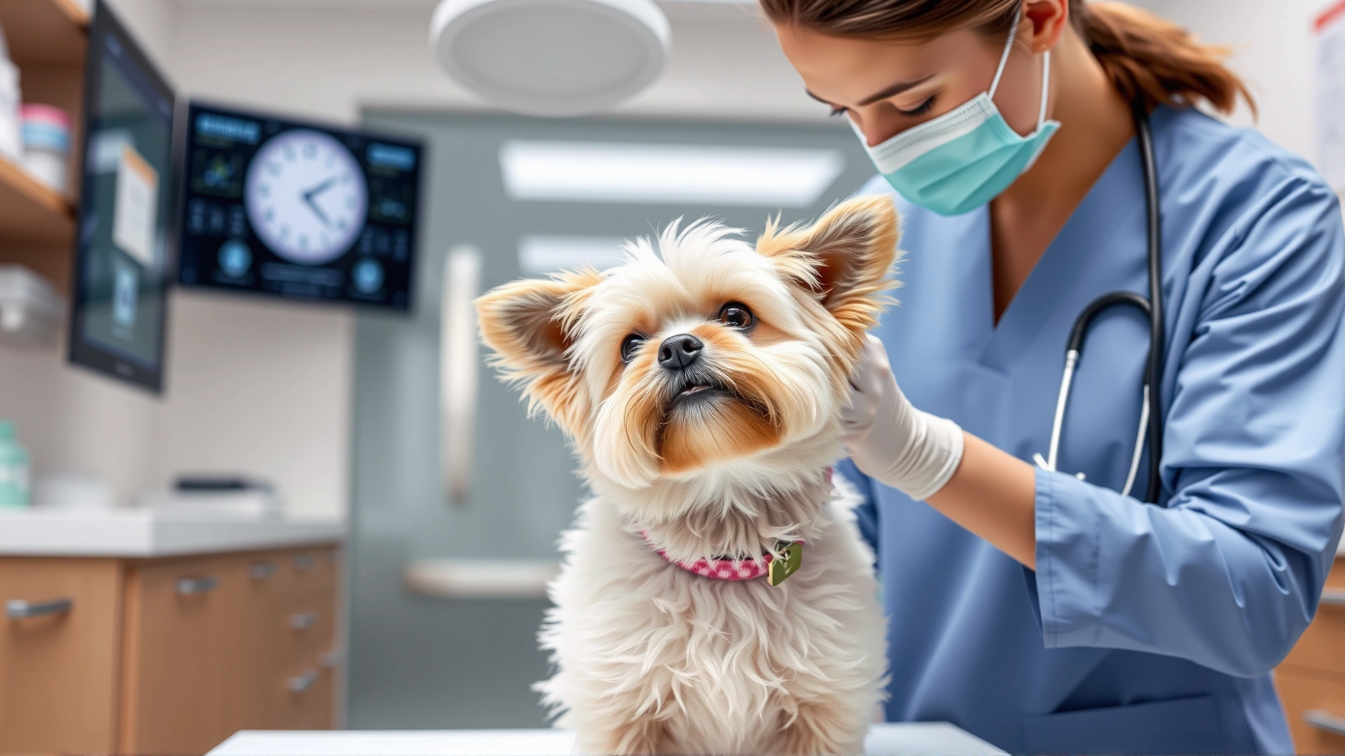 Veterinarian gently examining a Chi-Poo's ears in a modern veterinary clinic, professional environment, high resolution
