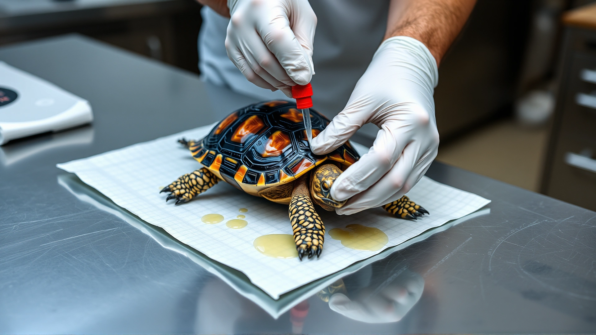 A veterinarian wearing gloves carefully cleaning a tortoise shell with antiseptic solution on a stainless-steel table