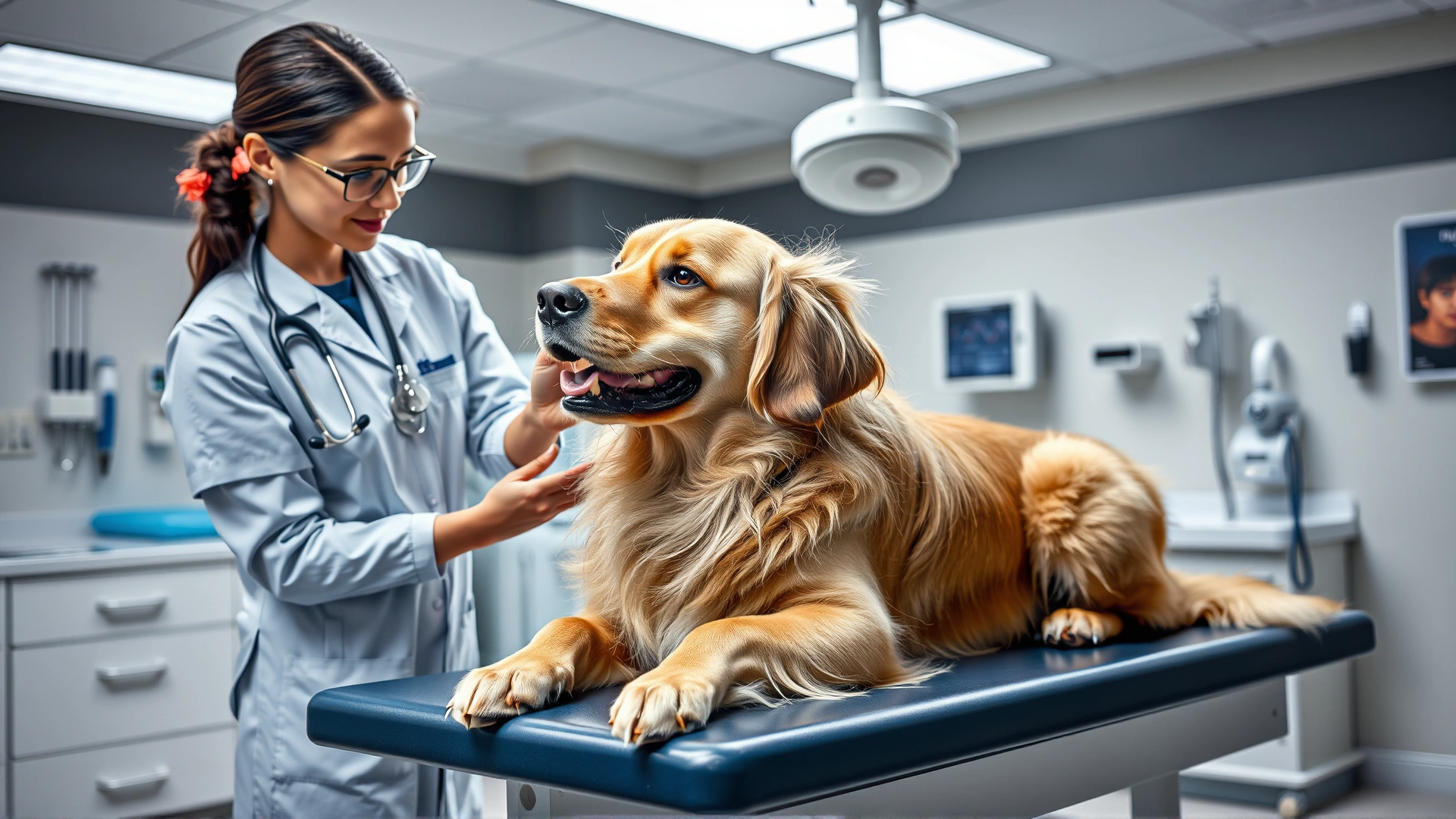 A veterinarian examining a Golden Retriever on an exam table, medical instruments in the background, well-lit clinic