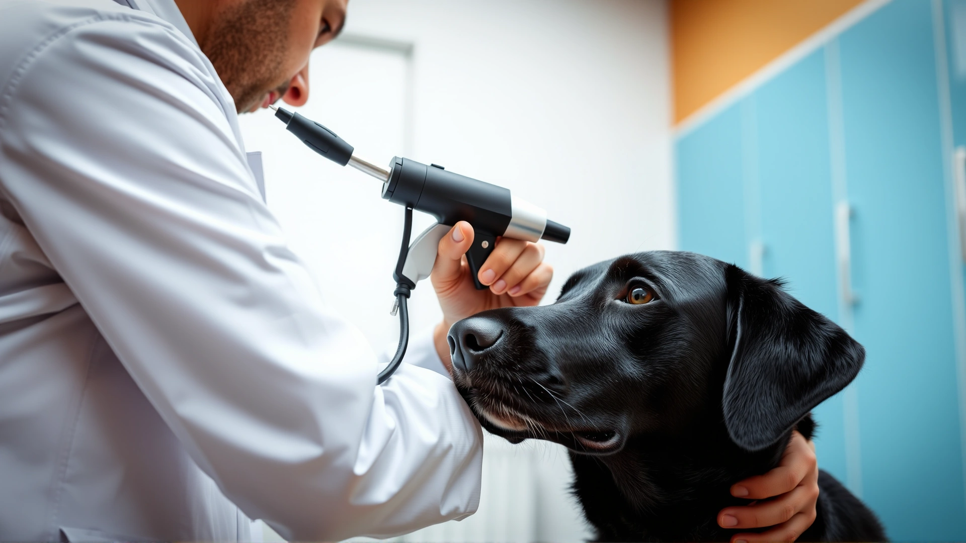 Professional veterinarian wearing a white coat using an otoscope to examine a black labrador's ear in a modern veterinary clinic setting.