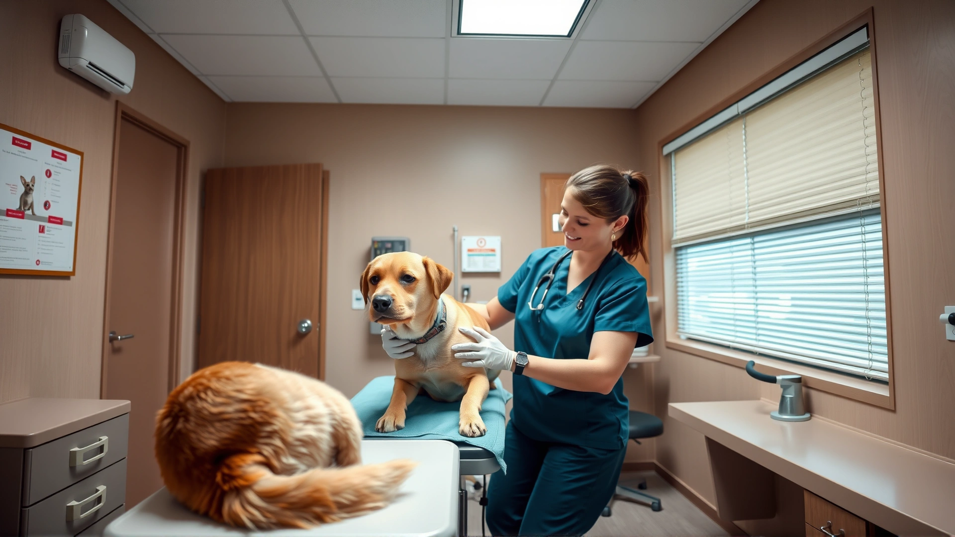 Interior of a modern veterinary clinic where a female veterinarian gently examines a medium-sized dog on the exam table, bright and clean environment.
