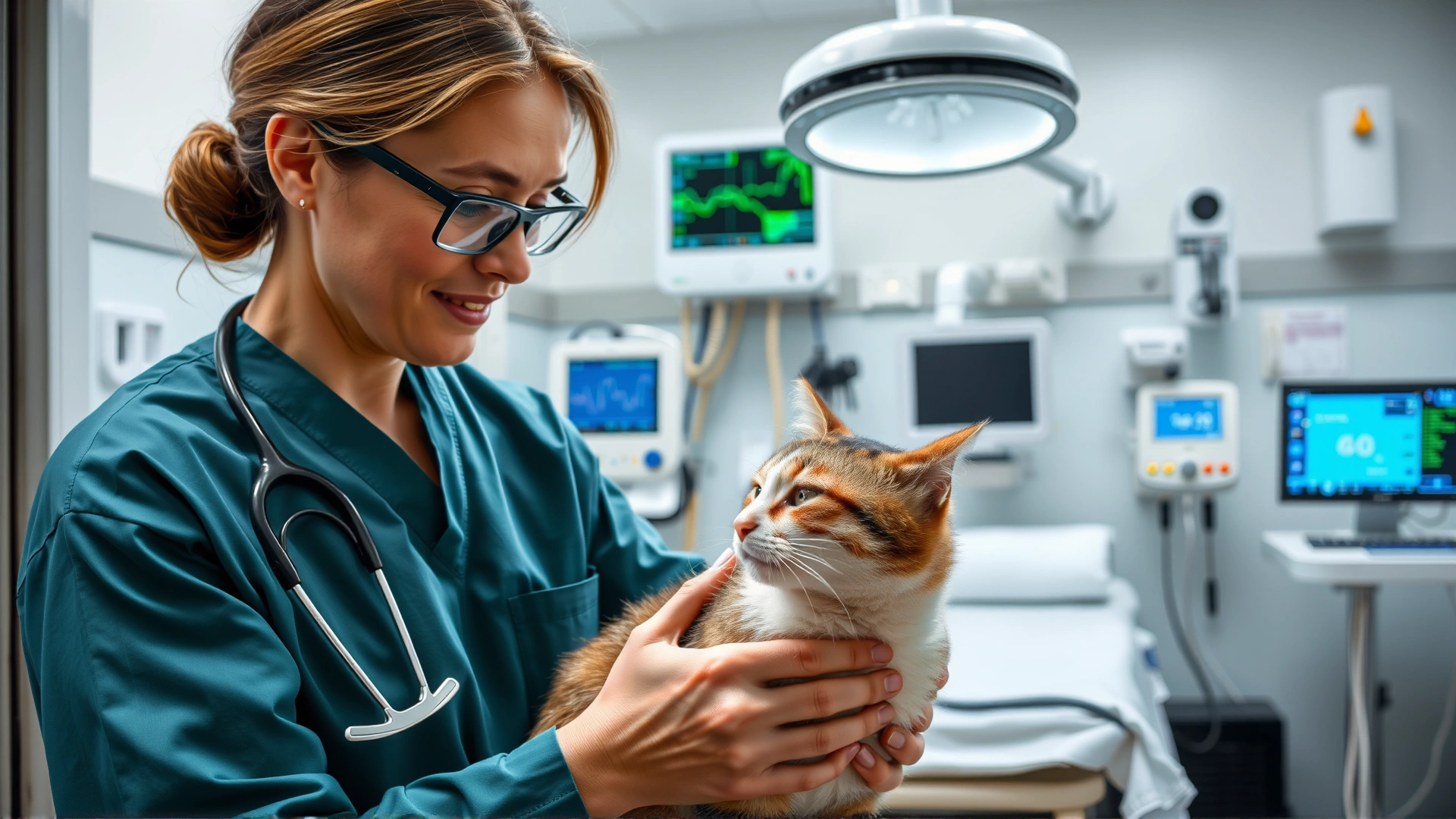 Veterinarian gently checking a cat in a dedicated clinic boarding room equipped with medical monitoring equipment.