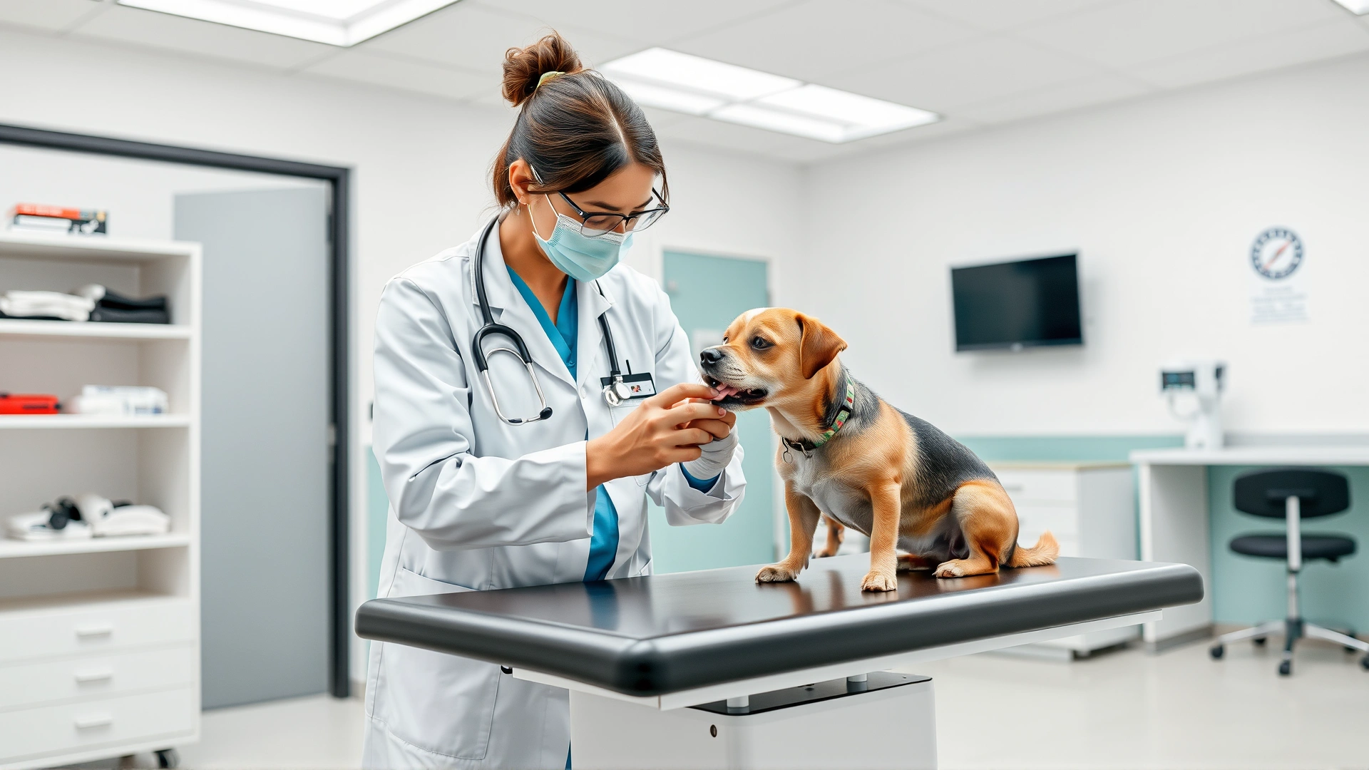 Veterinarian examining a small dog on an exam table inside a bright, modern clinic.