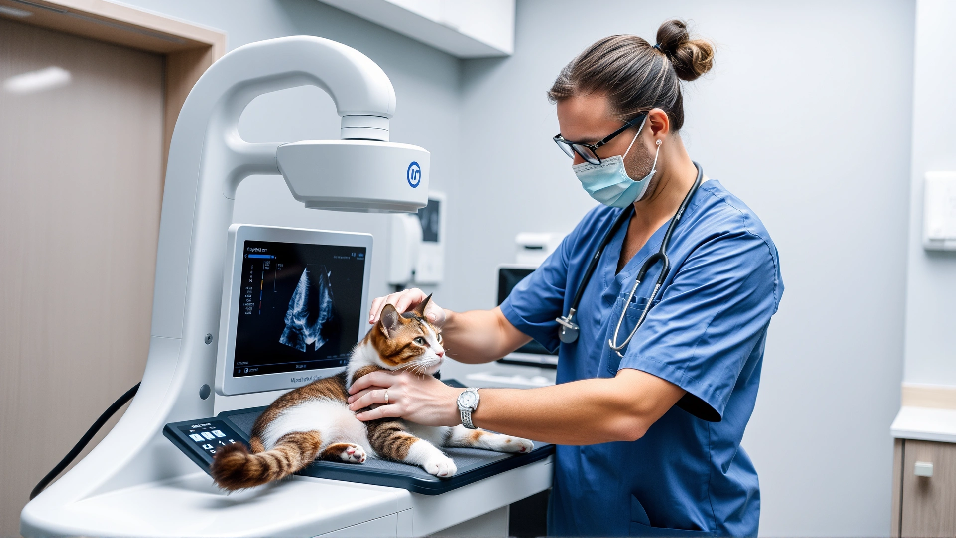 Photo of a veterinarian wearing scrubs performing an ultrasound scan on a cat in a modern vet clinic