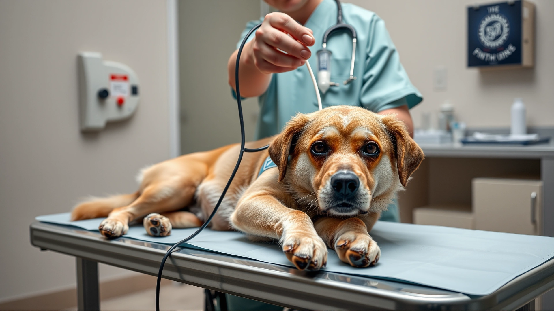 Veterinarian administering IV fluids to a dog on a table, clinic background, caring atmosphere.