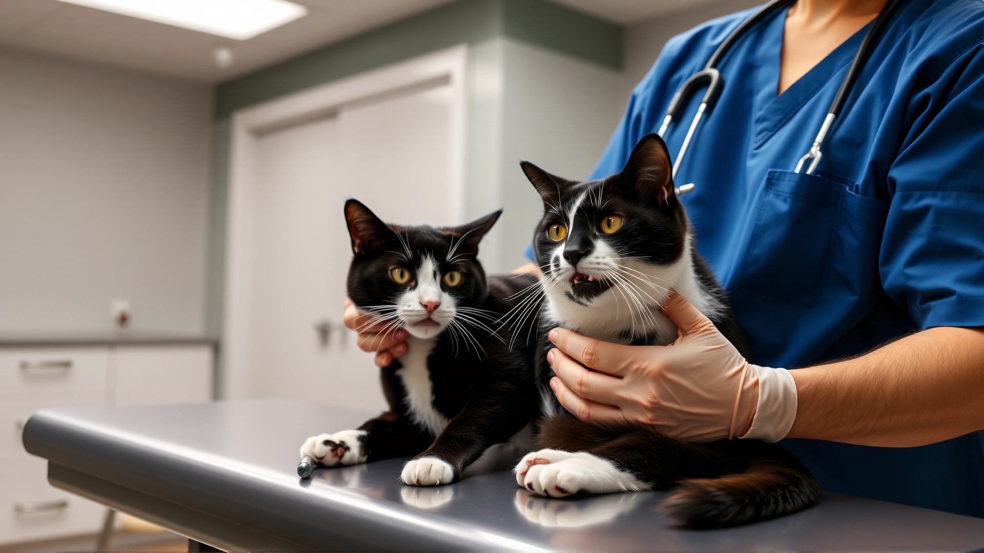 Veterinarian wearing scrubs administering IV fluids to a black and white cat on an examination table in a modern clinic.