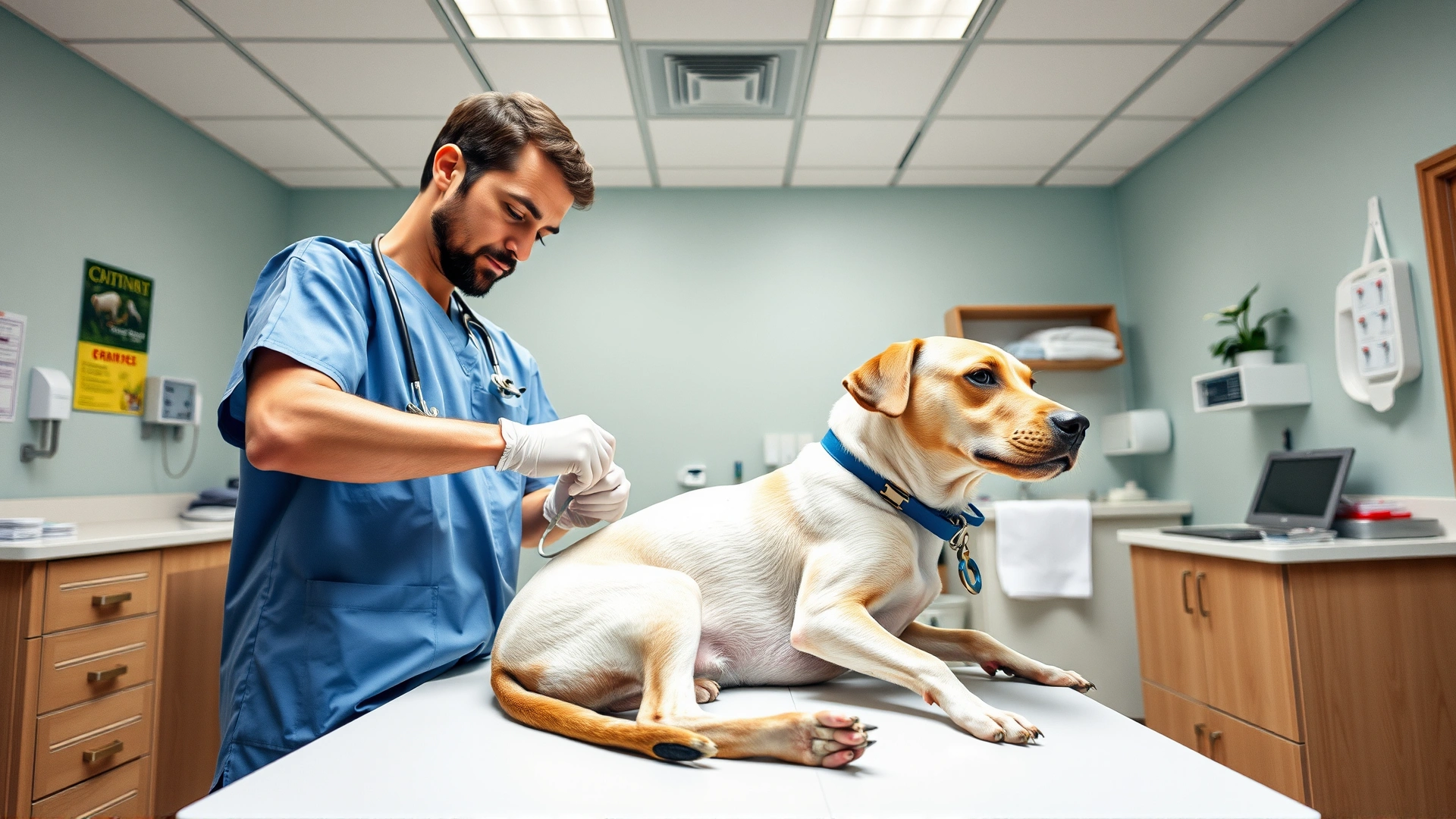 A veterinarian in a brightly lit clinic examining a dog on an exam table, showing professional care.