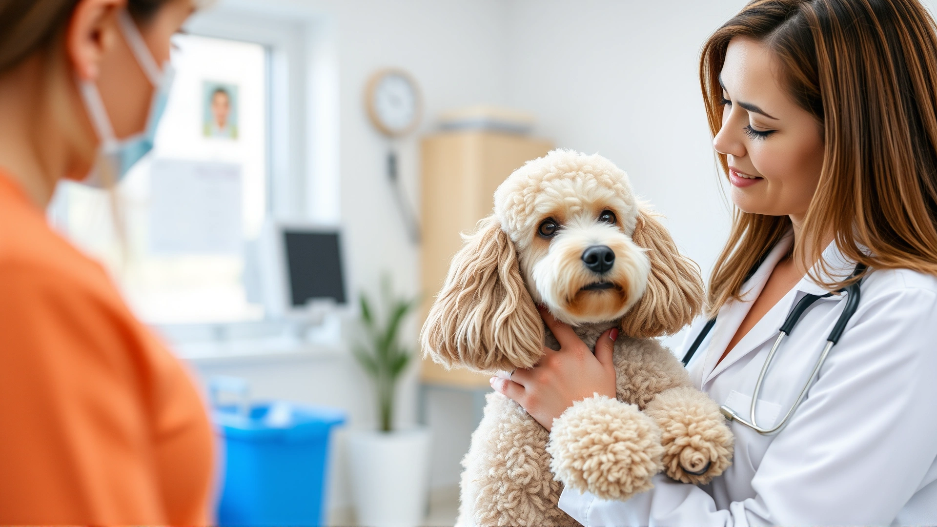 Woman with mild allergy symptoms consulting a veterinarian while gently holding a Standard Poodle, inside a bright veterinary clinic.
