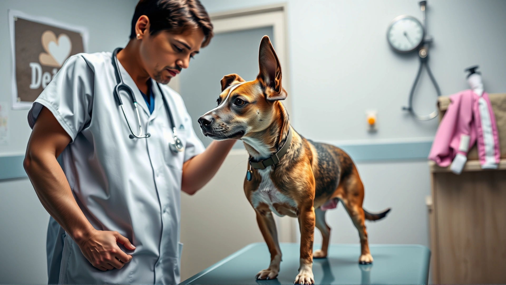 Veterinarian examining a dog's skin in a clinic, dog standing on exam table, vet wearing stethoscope. No text.