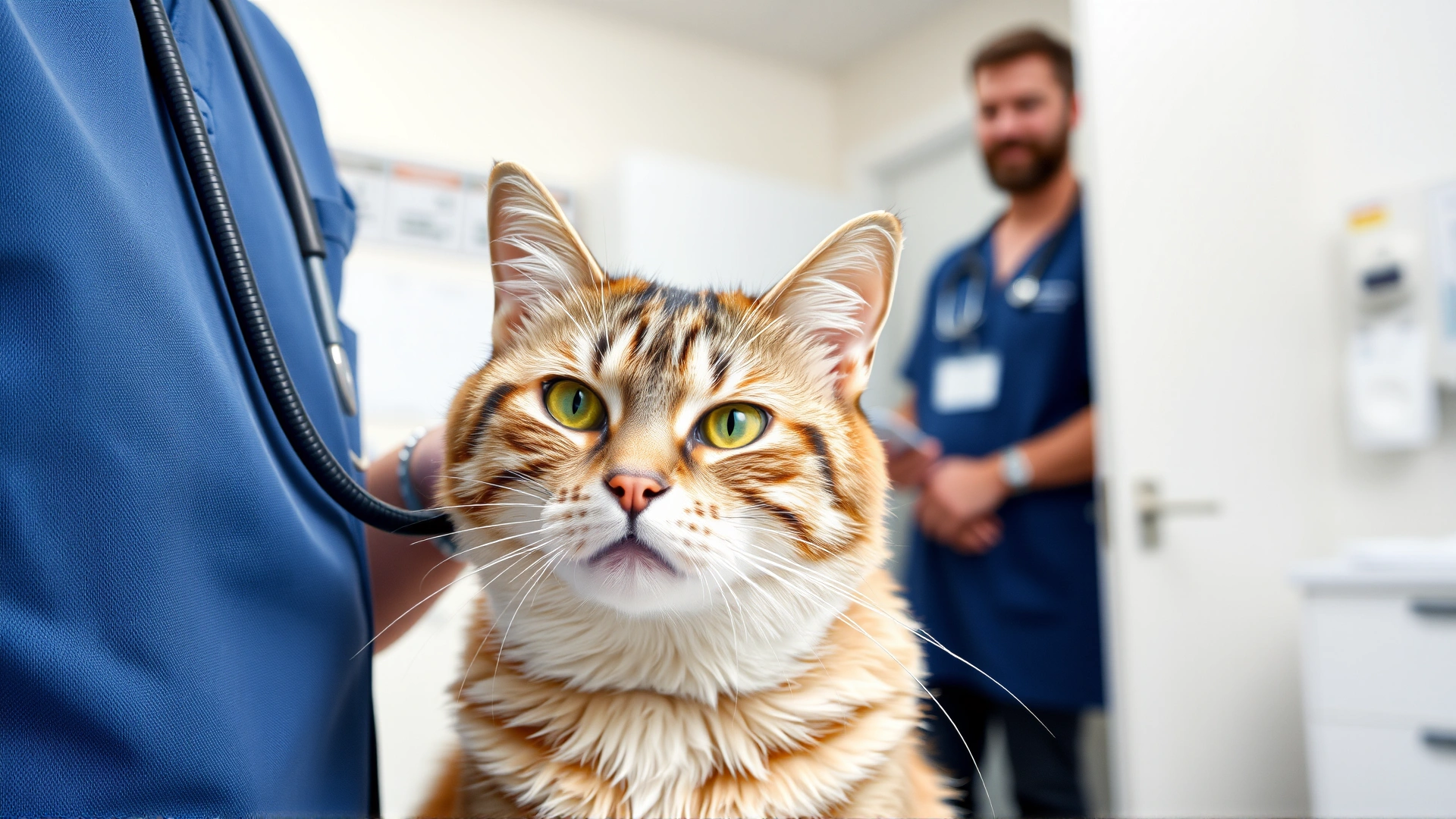 Calm cat being examined by a veterinarian in a bright clinic, owner nearby, representing professional consultation.