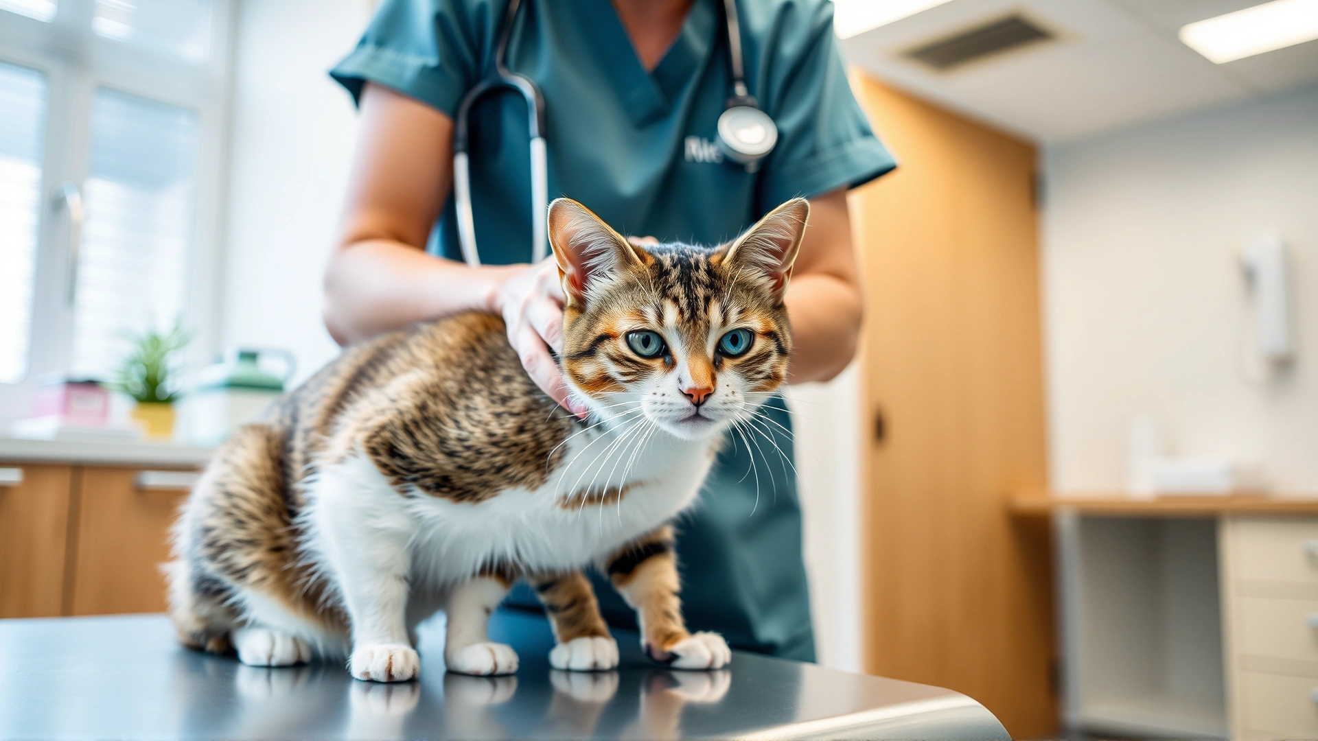 Veterinarian wearing scrubs and stethoscope gently examining a male cat on an examination table in a bright veterinary clinic
