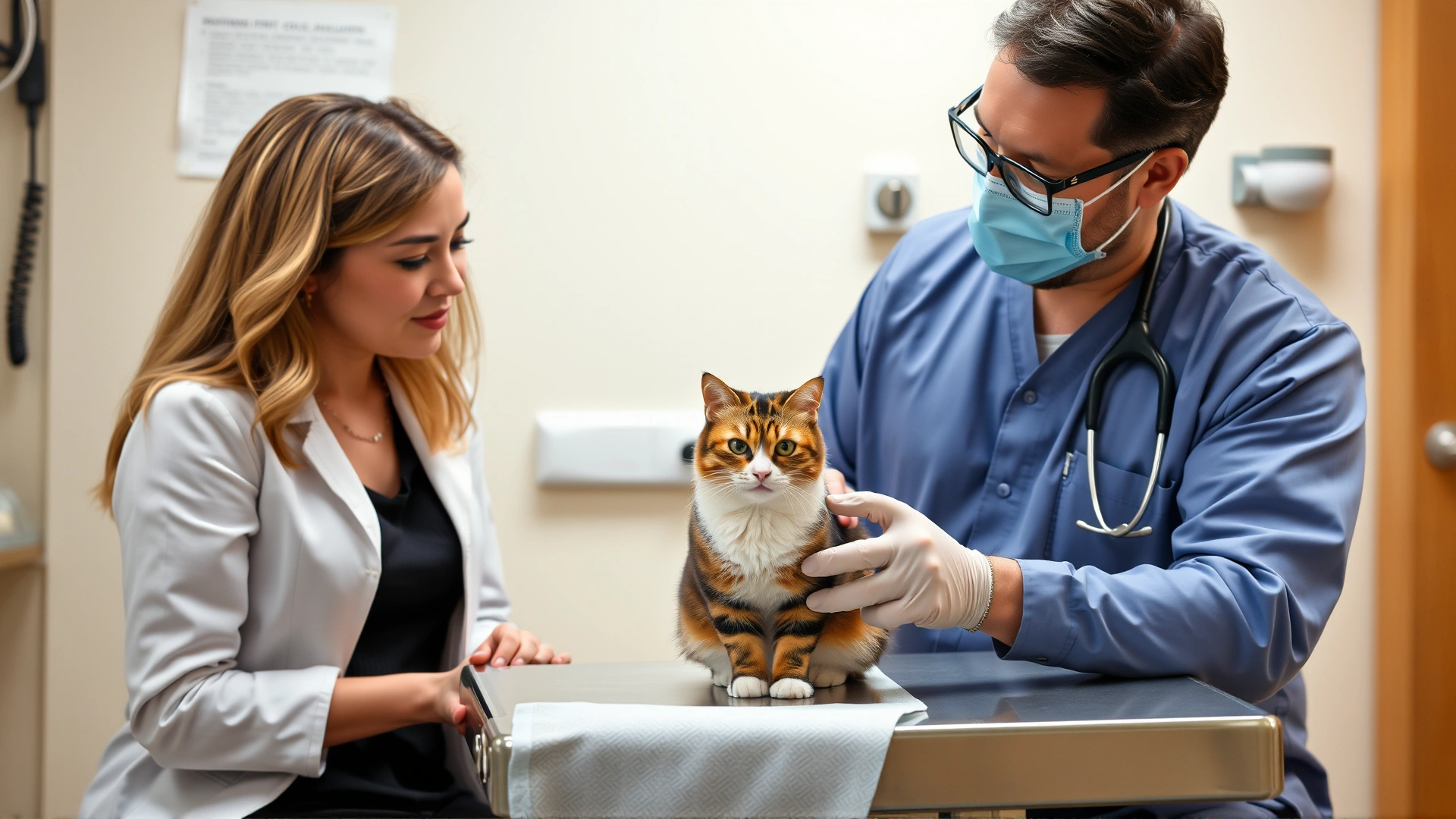 Cat owner discussing treatment options with a veterinarian in an exam room, cat calmly sitting on the table.