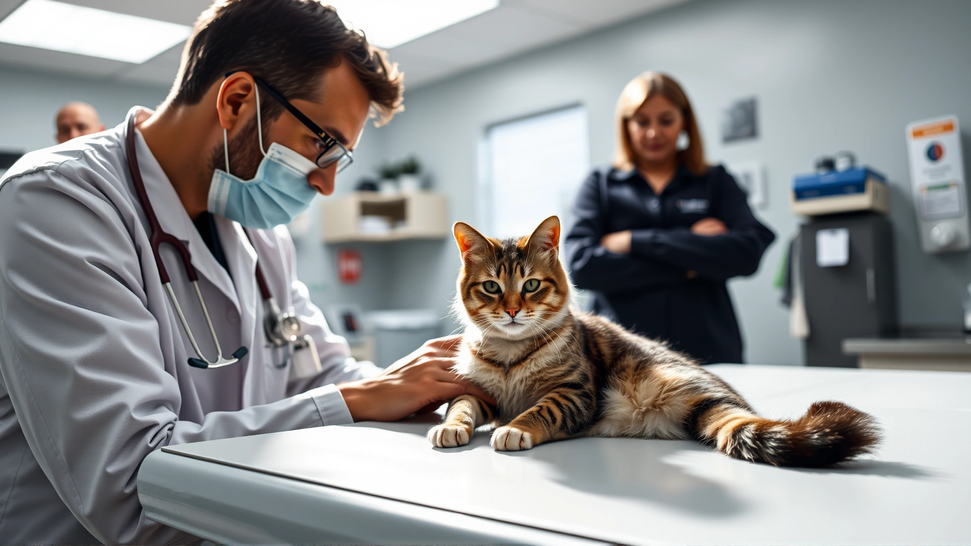 A veterinarian examining a cat on an exam table while the owner watches, bright clinic environment.