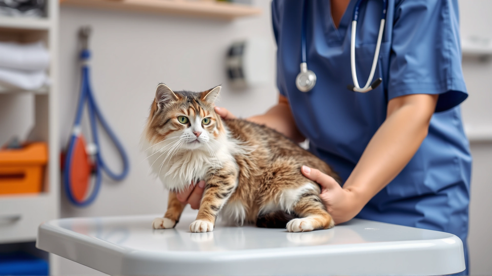 Female veterinarian in a clinic gently examining a calm cat on examination table