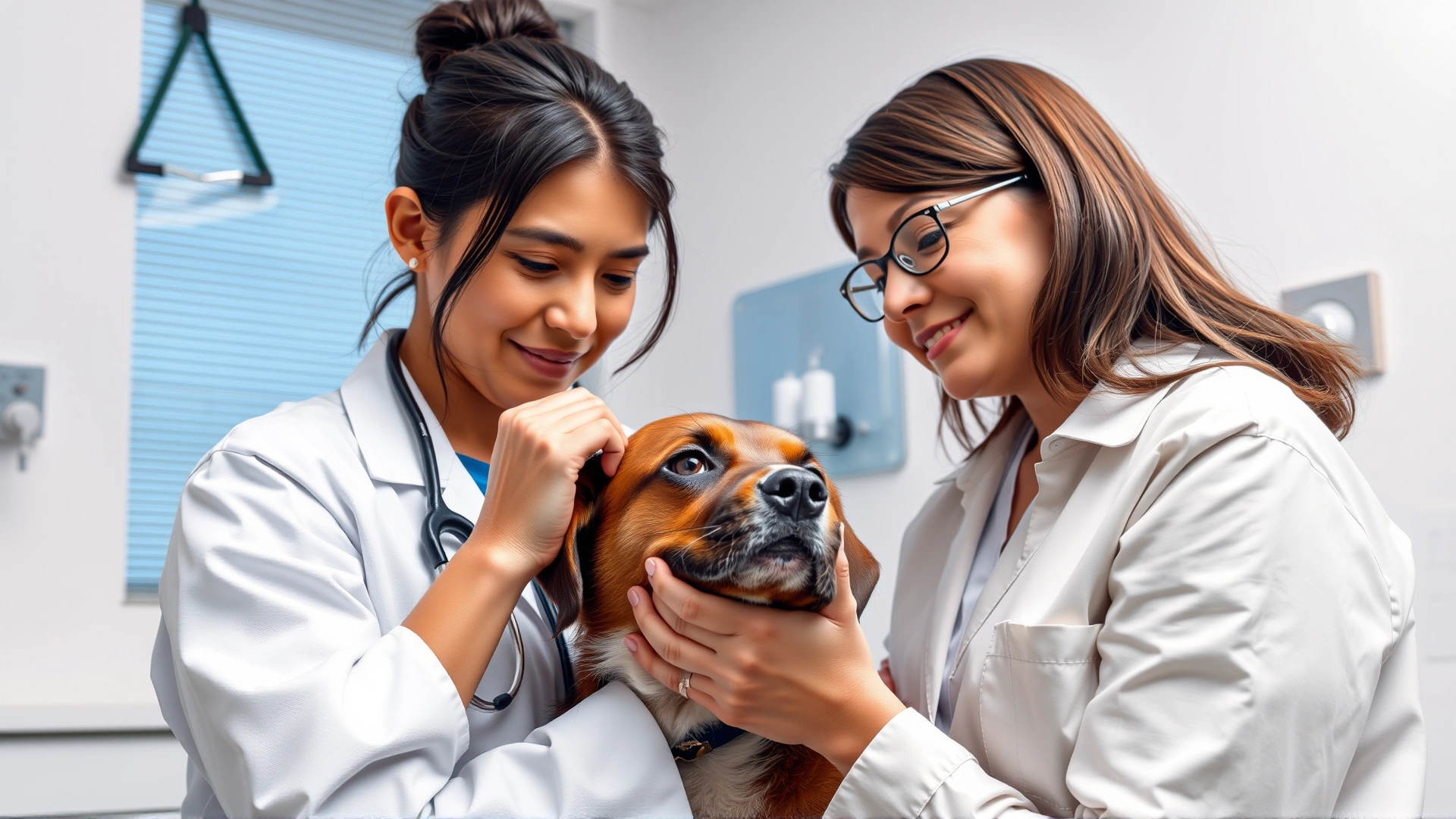 Veterinarian in a clinic gently examining a dog's ears while the owner watches, bright clinical setting, no text on image.