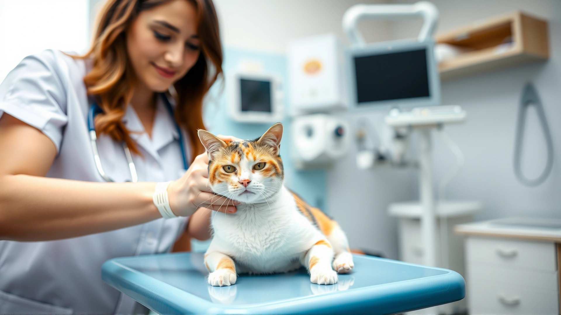 Friendly veterinarian in clinic gently examining a calm calico cat on the exam table, medical equipment blurred in background, bright and clean setting, no text