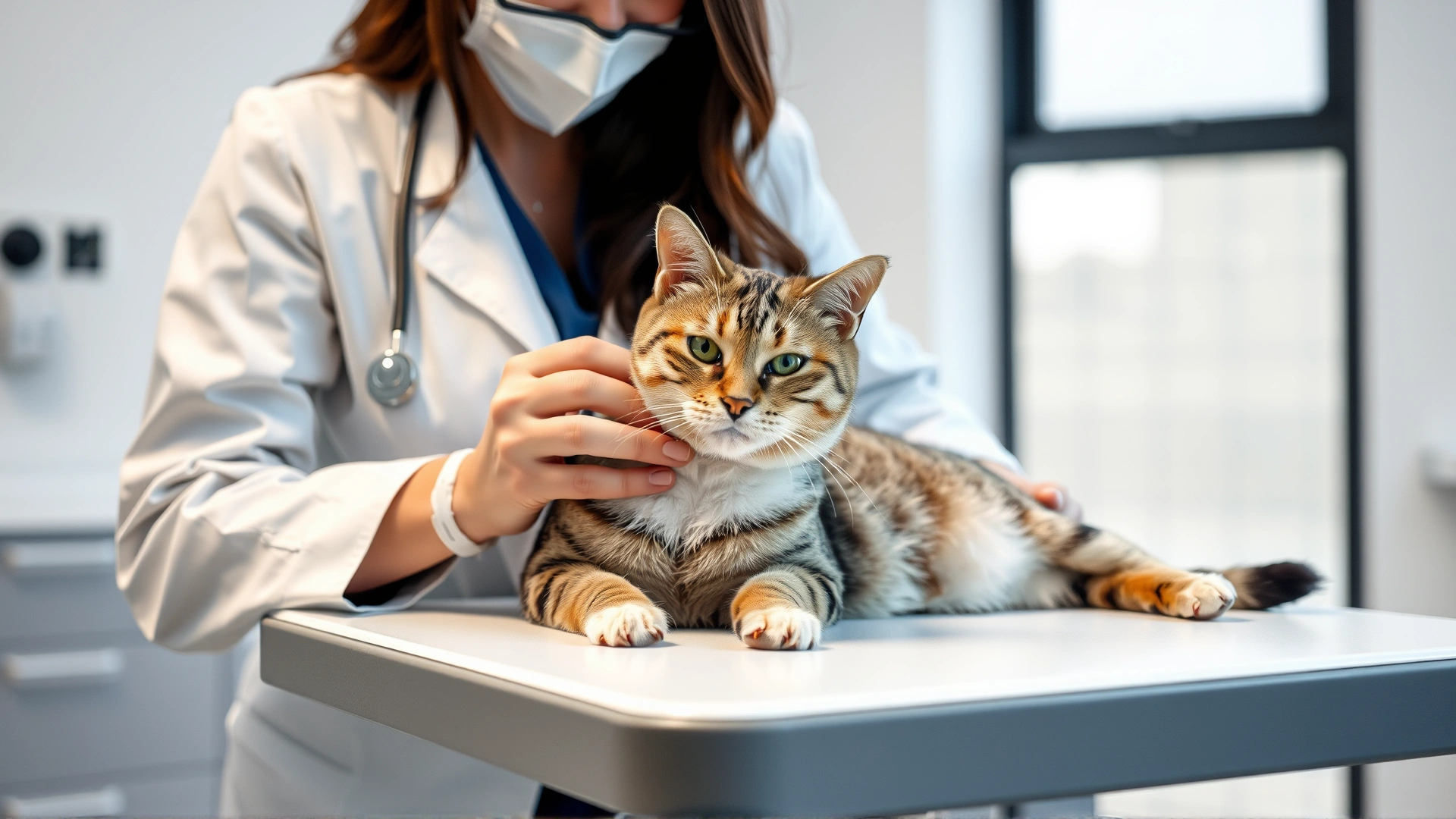 Female veterinarian wearing a white coat gently examining a relaxed senior cat on the examination table in a bright clinic