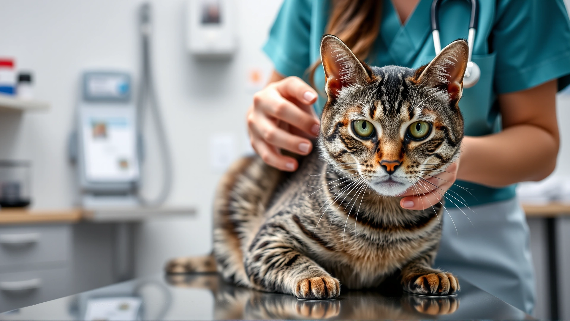 Female veterinarian in a clinic gently examining a grey tabby cat on an examination table