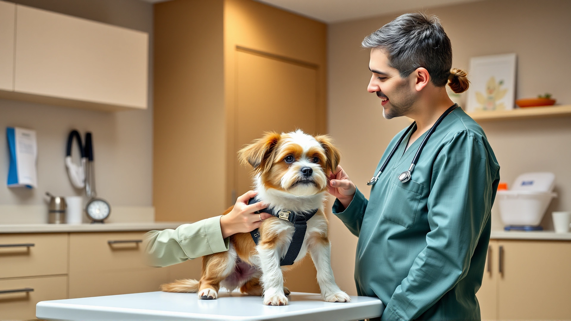 Dog owner discussing nutrition with a veterinarian in a modern clinic while holding a small dog on the exam table, well-lit, no text