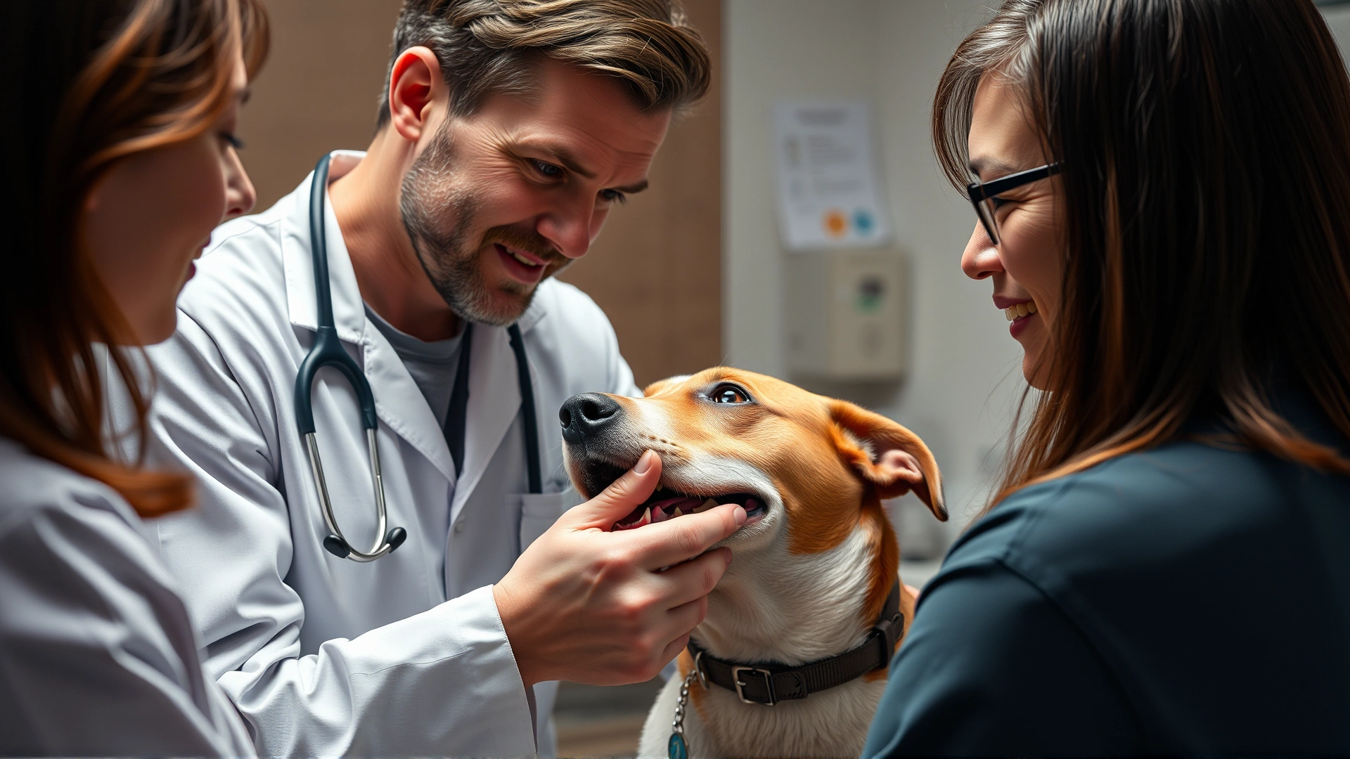 Veterinarian in a clinic gently examining a dog's mouth while discussing dietary choices with the owner