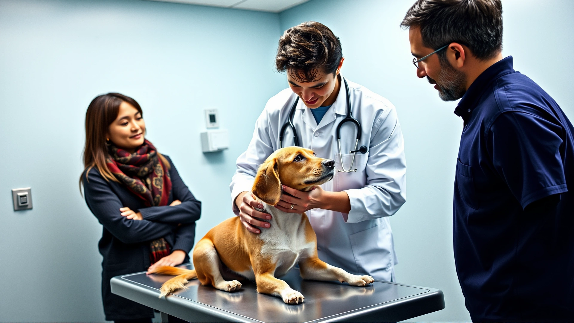 Veterinarian gently examining a dog on an exam table while the owner watches, emphasizing medical consultation.