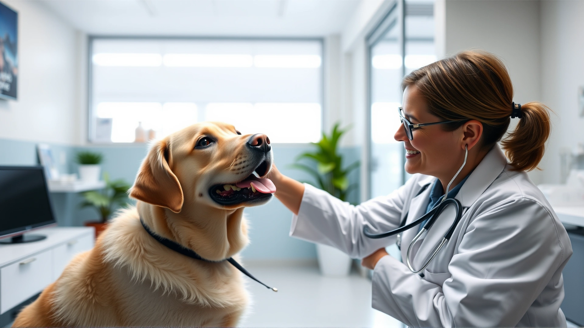 Veterinarian in white coat examining a Labrador Retriever in a modern clinic, stethoscope near the dog's neck area; friendly interaction, no text.