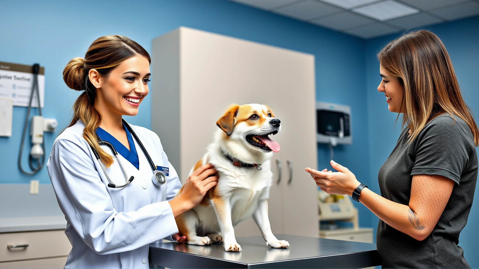 Female veterinarian smiling and talking to a dog owner in an exam room while gently holding a medium-sized dog on the table