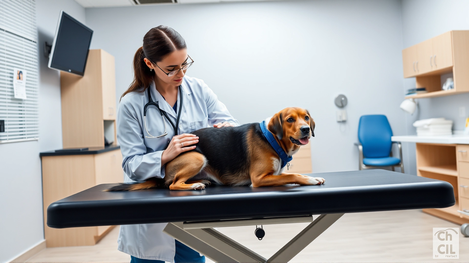Veterinarian examining a medium-sized dog on an exam table inside a modern veterinary clinic – emphasizes the importance of professional guidance.