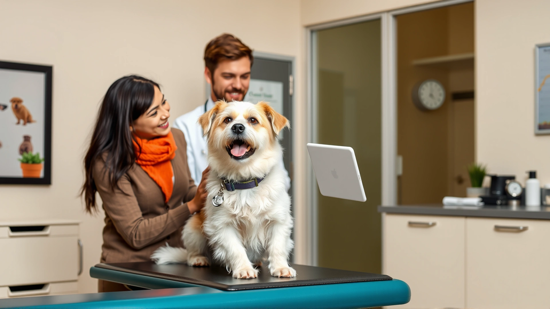 Friendly veterinarian discussing dietary advice with a dog owner while holding a tablet; medium-sized dog sits on the examination table in a modern clinic